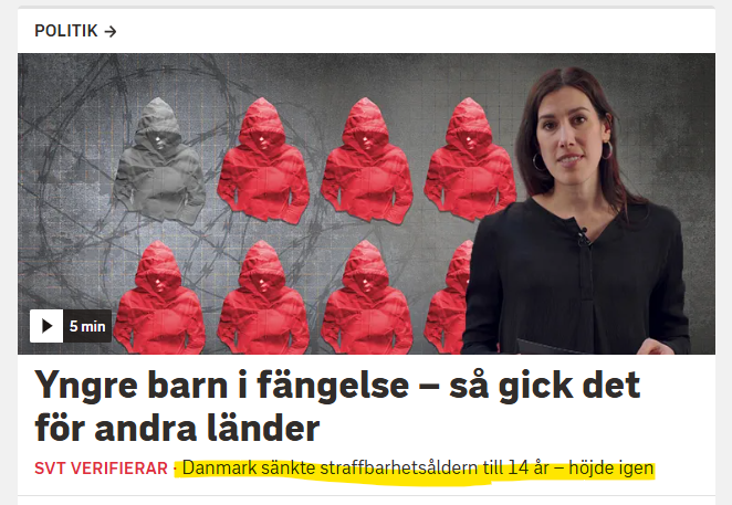 Stort_allvar's tweet photo. Jag har granskat SVT's "verifiering" av straffåldern i olika länder, och har upptäckt flera saker.
Ja, Danmark höjde igen, men det var för 14 år sedan! Det har hänt mycket sedan dess när det gäller kriminaliteten, särskilt när det gäller invandrargäng.
England drar gränsen vid 10 år.
Skottland och Irland vid 12 år.
Nederländerna vid 12 år.
Ungern vissa brott 12 år.
Tyskland, Österrike, Italien, Spanien, Estland.
Lettland, Slovakien, Slovenien, Kroatien, Rumänien, m fl vid 14 år.
Sverige, Tjeckien, Grekland, Finland, Danmark ligger högt med 15 år, och Sverige har gjort det sedan 1902!
Endast Portugal ligger högre med 16 år.
Men, det var nog "en ren tillfällighet" att SVT fokuserade på de enda två länder som höjt åldern....
Det har inte alls att göra med att Tidö ska motarbetas inför valet.