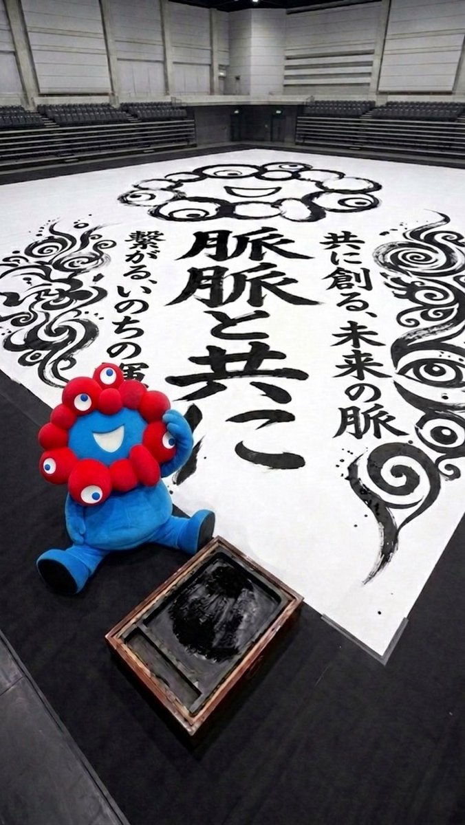 machaan13's tweet photo. 今日は書家の日とのことなので書道パフォーマンスをしているミャクミャク画像を作ってみました💙❤️ https://t.co/ay3VT4tjVa
