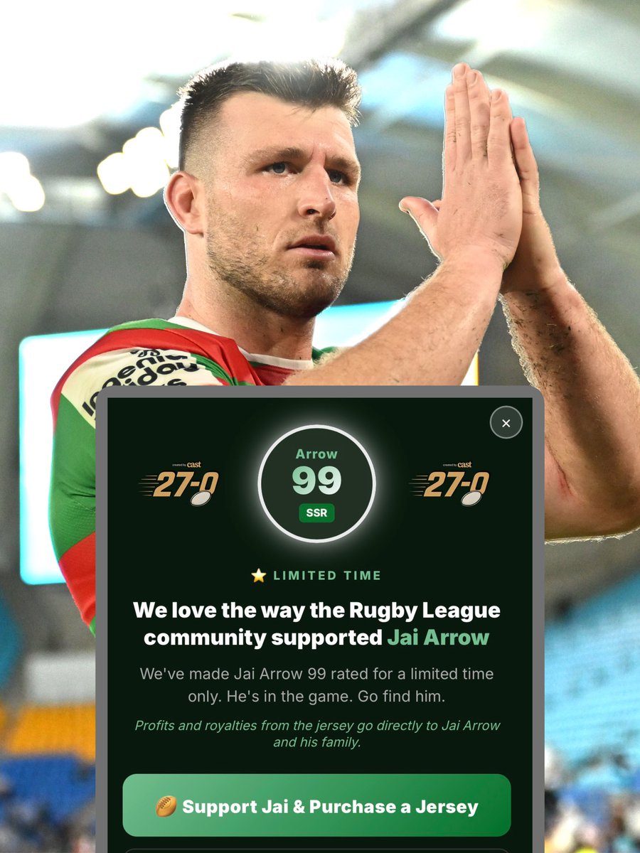 thecastpatrol's tweet photo. For a limited time, Jai Arrow has been boosted to 99 OVR in 27-0 in support of his fight against MND. π
Support Jai and his family by purchasing a Fight MND jersey via this link: https://t.co/FEuEGtZZi4 π
#FightMND #JaiArrow #270NRL #NRL #MND https://t.co/UZJxpAtZZz