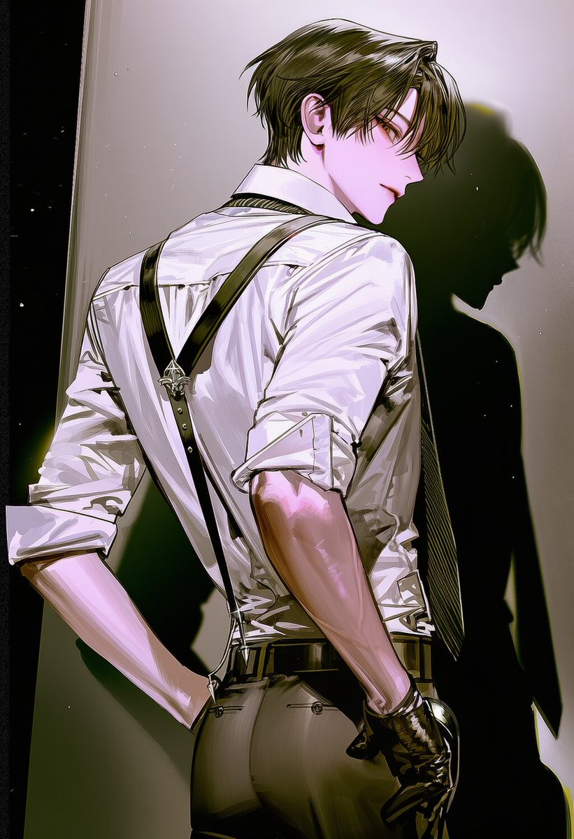 9ookwa's tweet photo. 사진참고 

looking back, from behind, looking at viewer, dynamic angle, low angle shot, leaning against wall, hand on hip, hand in pocket,
dress shirt, white shirt, rolled up sleeves, suspenders, black gloves, necktie, loose necktie, untucked shirt, black pants, belt,
simple background, grey background, plain wall,
portrait, upper body, depth of field, photorealistic, studio lighting