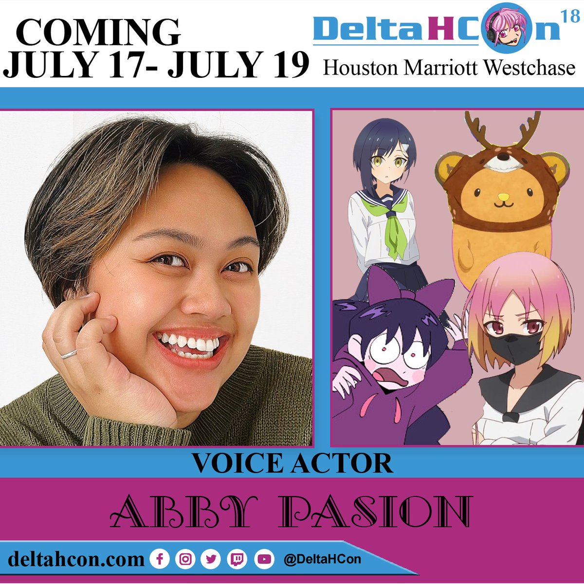DeltaHCon's tweet photo. ABBY PASION @ DELTA H CON 2026

We are happy to announce that Voice Actor Guest Abby Pasion will be appearing at #DeltaHCon July 17th to July 19th at Houston Marriott Westchase

Deer me its Abby! 
https://t.co/BrYCNUn9E0

#guestannouncement #animeconvention #voiceactor #summerfun https://t.co/WkjuubMODQ