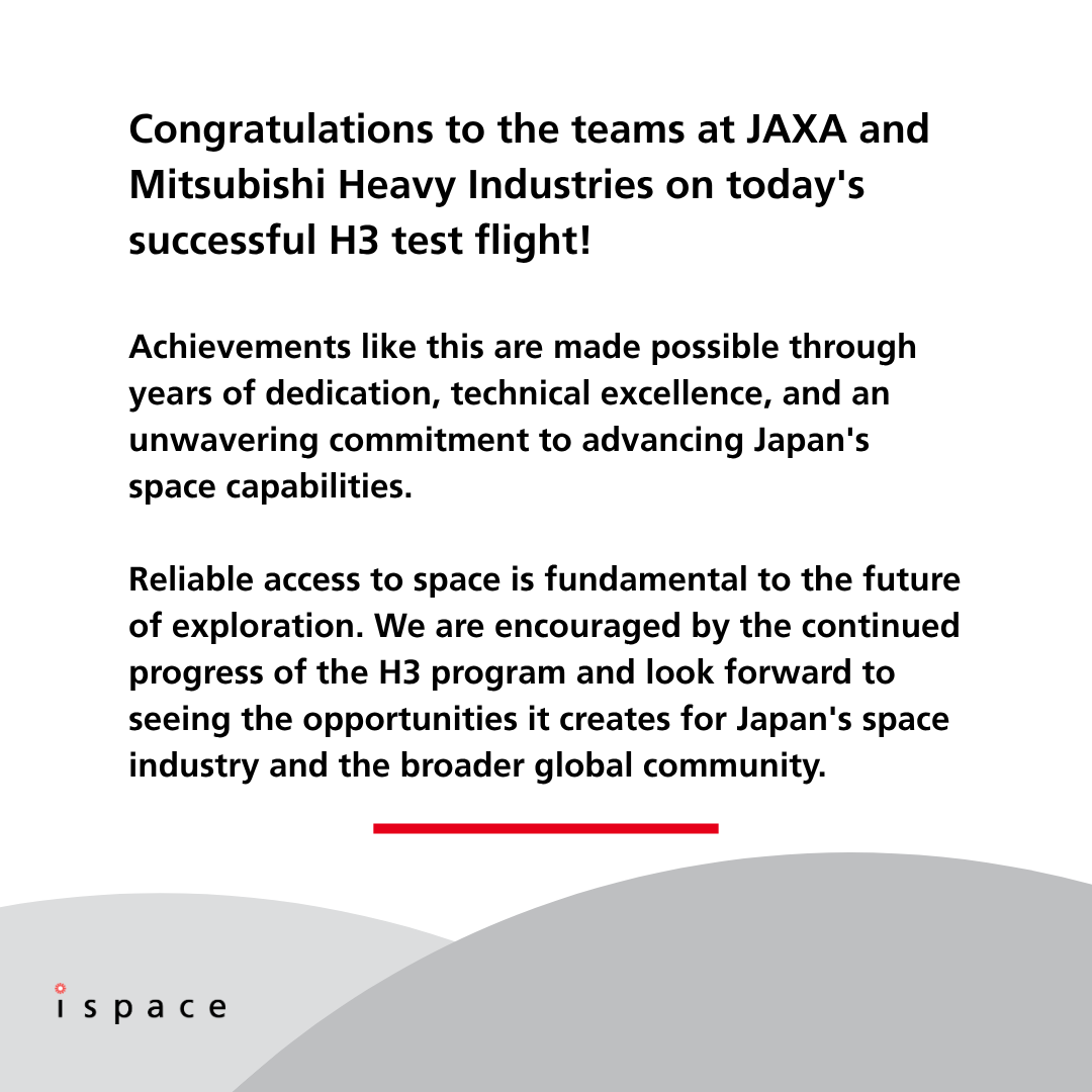 ispace_inc's tweet photo. Congratulations to the teams at JAXA and Mitsubishi Heavy Industries on today's successful H3 launch! 🚀✨

@JAXA_en @JAXA_jp @MHI_Group @MHI_GroupJP https://t.co/WPcnM1h4SY