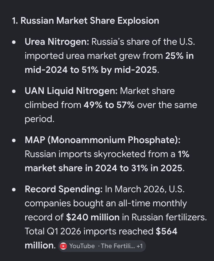 Vmaxpax's tweet photo. Most to all of this can be replaced by RUSSIAN imports. 

Consider Trump tariffed Canadian fertilizers but never tariffed Russia’s and their imports into America SURGED past 2 years. 

In egg crisis, Trump Admin imported Russian eggs for Americans to eat not Canada’s…… https://t.co/fLm7XJGwiI