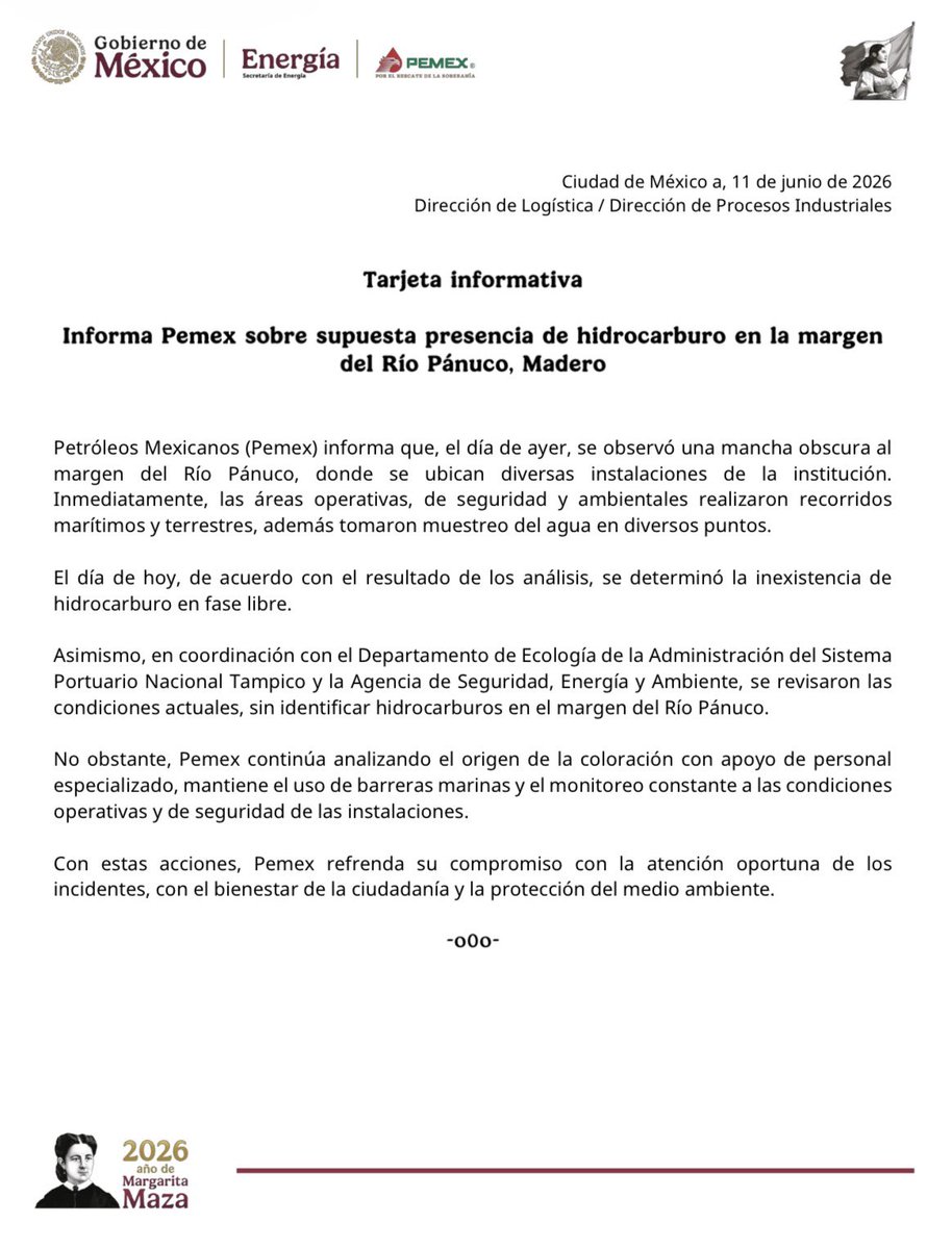 Pemex's tweet photo. 🔖 Tarjeta informativa | Informa Pemex sobre supuesta presencia de hidrocarburo en la margen del Río Pánuco, Madero. 

@agencia_asea 

🔗 https://t.co/TZ8kxm7Rkz https://t.co/Q6tsQEu3Px
