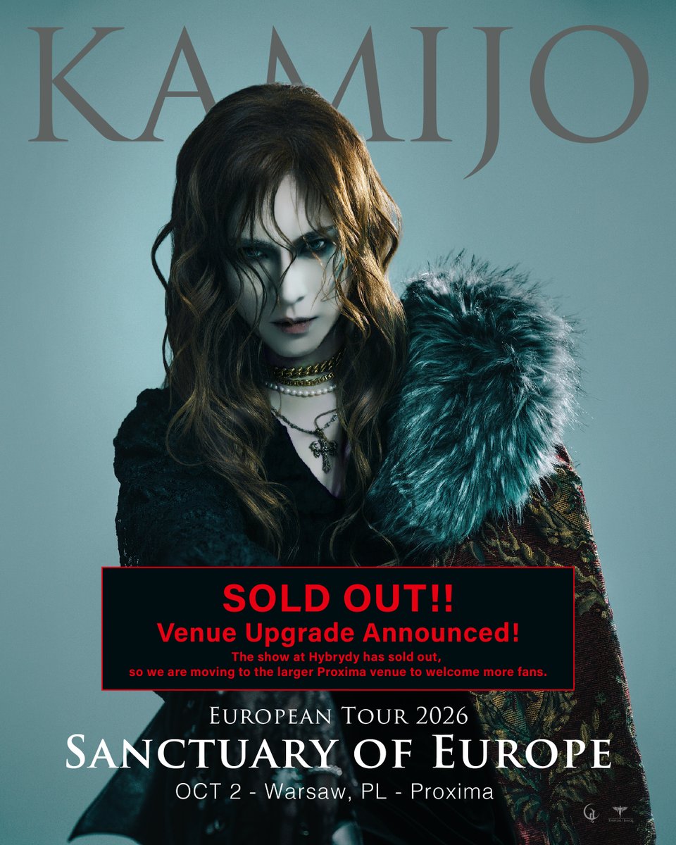 KamijoOfficial's tweet photo. Venue change: Due to high ticket demand in Poland and Hybrydy being sold out, we are pleased to inform KAMIJO’s Polish fans that the concert will now take place at Proxima. Tickets purchased for Hybrydy will be valid for the new venue.

Additional tickets for the Proxima  will go on sale on June 12 at 4:00 PM (CET).
