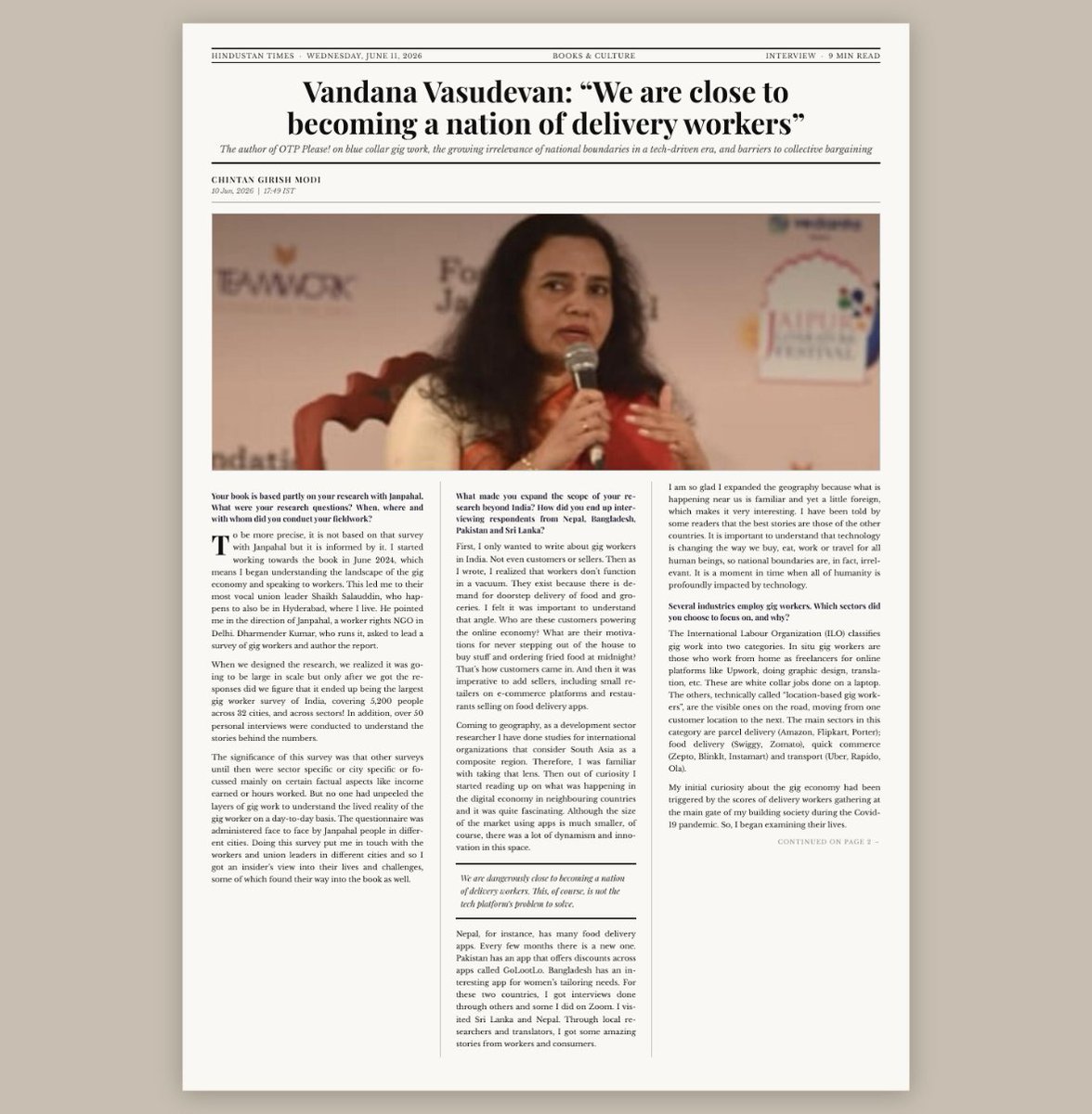 vandanawriter's tweet photo. "We are close to becoming a nation of delivery workers" . My interview in Hindustan Times by @chintanwriting #OTPPlease #gigwork #deliverywork https://t.co/vQnYkDMCUQ