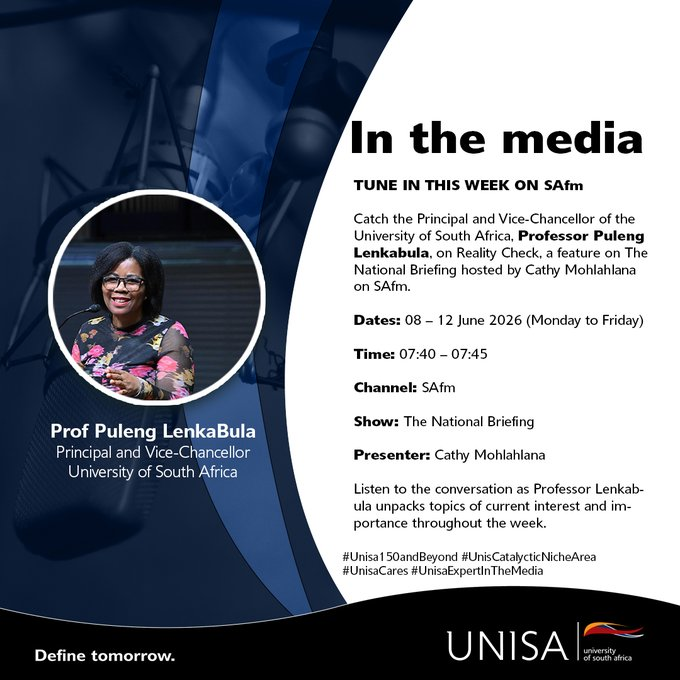 SAfmRadio's tweet photo. [ON AIR] Reality Check with @LenkaBula: Leadership, Grace and Gratitude. Prof. Puleng LenkaBula - the Principal and Vice Chancellor of the University of South Africa on #TheNationalBriefing #sabcnews https://t.co/V7JjFcEViI