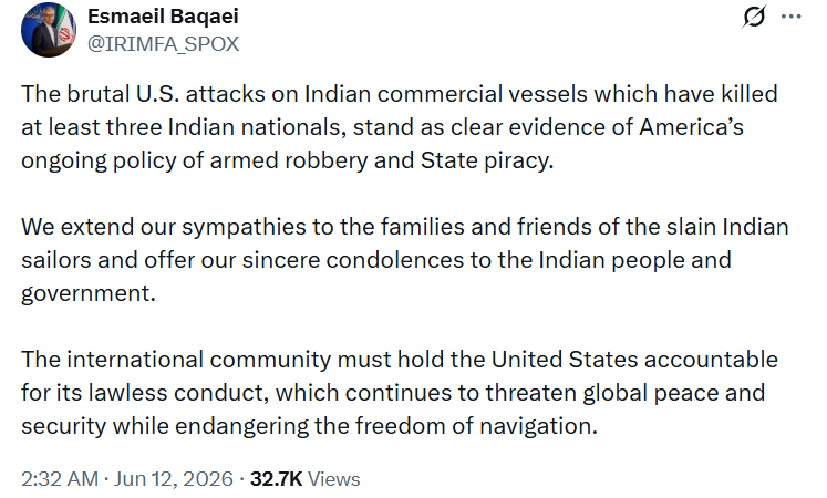 Deb_livnletliv's tweet photo. Iran has harshly condemned US on the killiπg of 3 Indian seafarers near the Oman coast. not Fatherland nor anyone else but Iran.

US justifies themselves saying they can't check the last name of crew before attacking.

Only if Vishwaguru had strongly condemned during IRIS Dena.. https://t.co/1BdNoI8ZOl