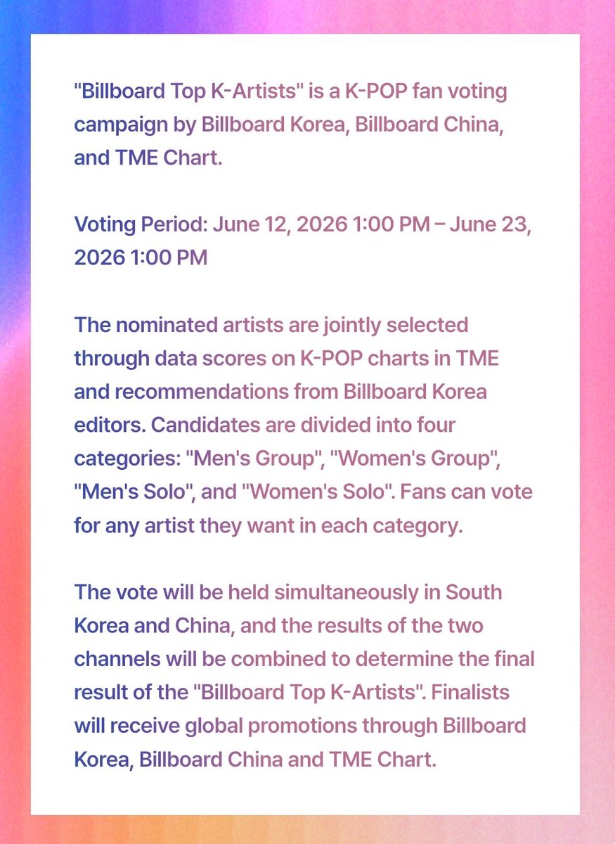 ppollbatu's tweet photo. 📢 | BILLBOARD TOP K-ARTISTS

TXT has been nominated in the Male Group category and Yeonjun has been nominated in the Solo male category! 

🗳 BILLBOARD TOP K-ARTIST VOTE
⭐️ voting mechanism
• Daily reset at 12 AM KST
• Multiple accounts allowed
• 32 votes per account daily

ℹ️ All 32 of the votes must be distributed between the categories.

⚠️ Live rankings are subject to position change. Vote cautiously and check the rankings before each vote to avoid voting for the wrong artist.

🔗 https://t.co/ilgW58BiPD
🗓 June 12 at 1PM KST to June 23 at 1PM KST