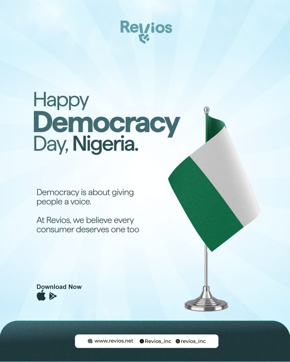 Revios_inc's tweet photo. Happy Democracy Day, Nigeria! 🇳🇬

Democracy is about giving people a voice.
At Revios, we believe every consumer deserves one too.

Here's to making informed decisions, sharing honest experiences, and helping others choose better.

Happy Democracy Day from Revios. 
Visit https://t.co/635vcuTxvZ today!