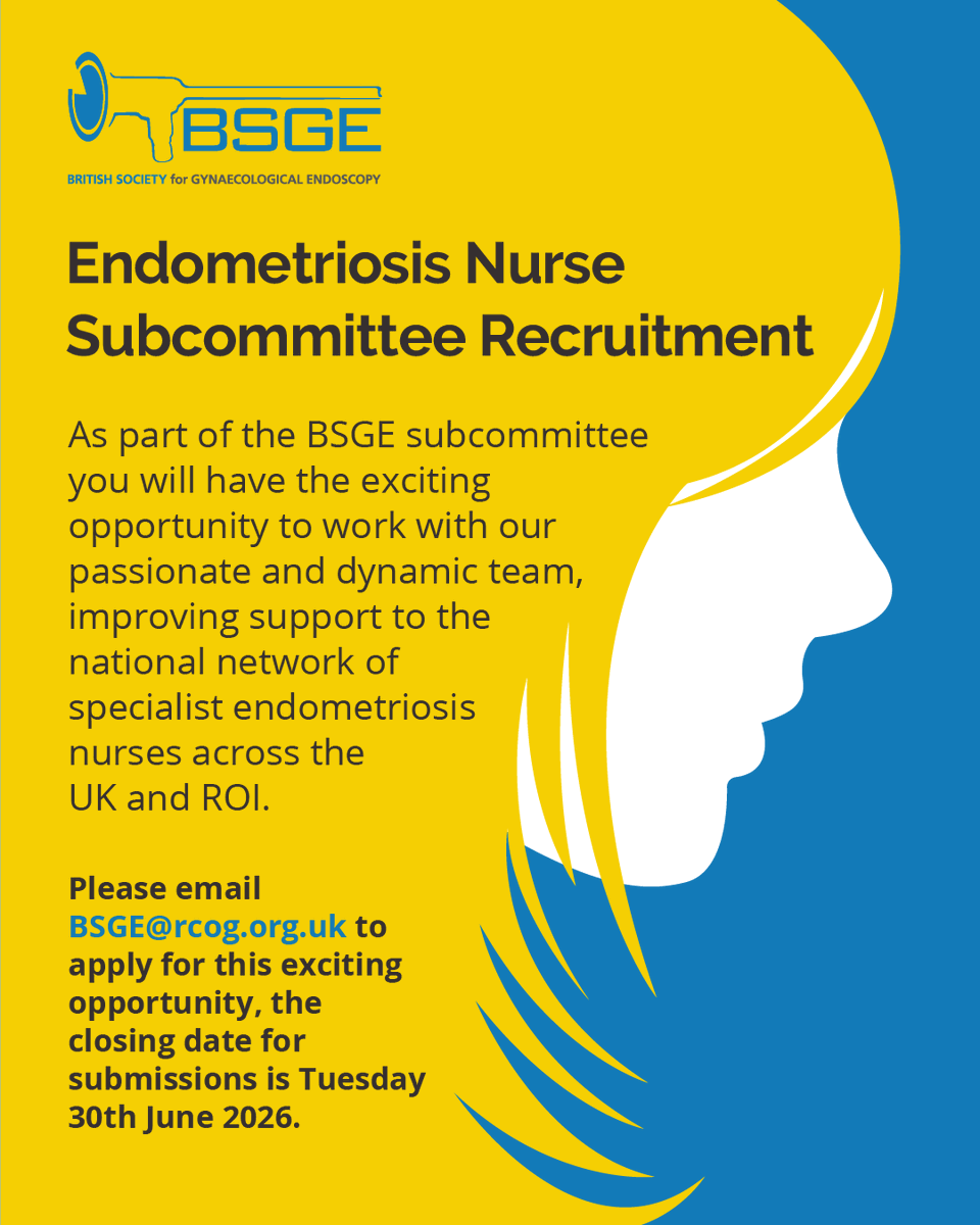 TheBSGE's tweet photo. Join the BSGE Endometriosis Nurse Subcommittee &amp; play a key role in shaping education, strengthening the nurse network &amp; support across the UK &amp; ROI.
Apply with CV + short statement to BSGE by 30th June.
More details here: https://t.co/hpdwKYhHA2

#BSGE #Endometriosis #Nursing https://t.co/GZbwIgAfDf