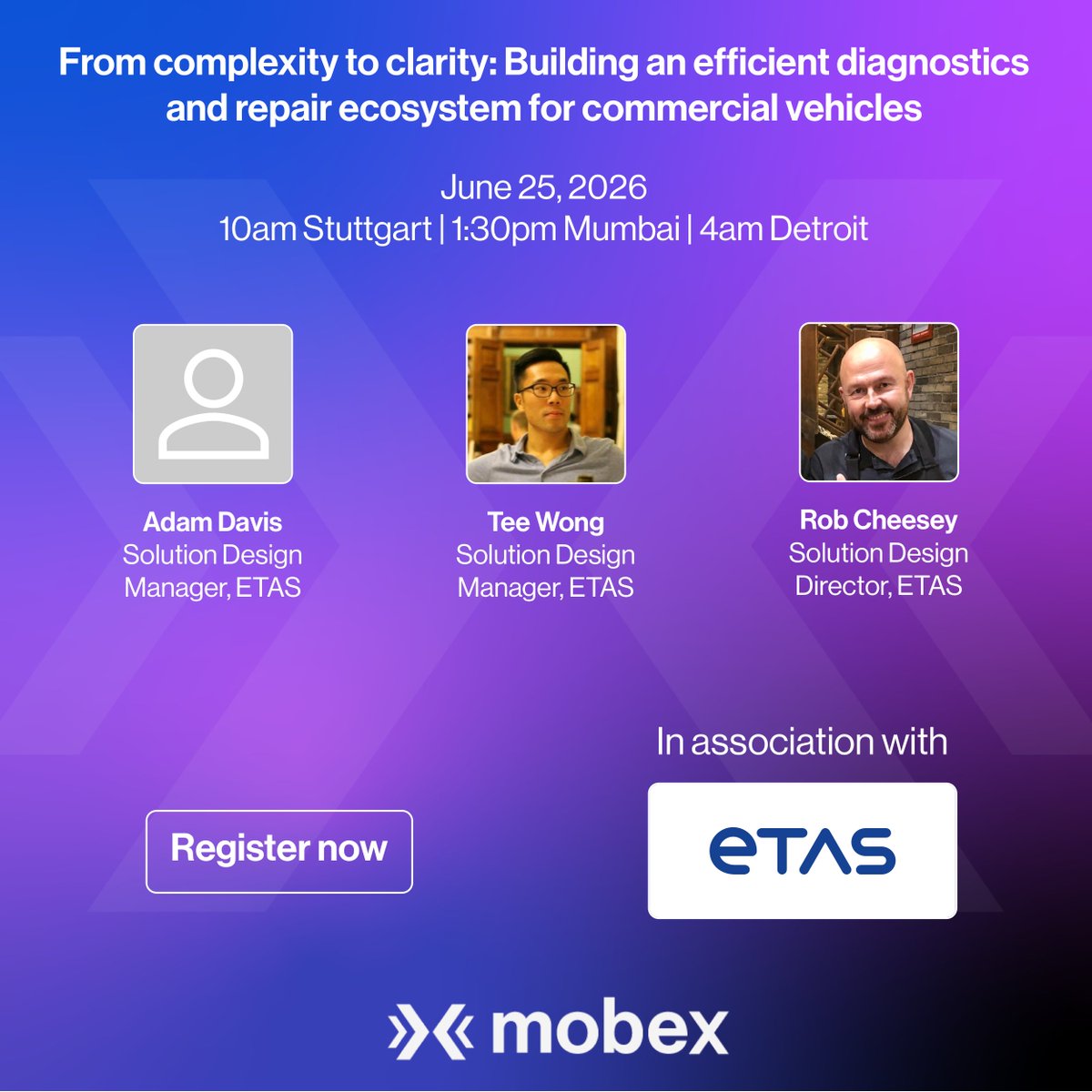 WeAreMobex's tweet photo. Live webinar: From complexity to clarity: Building an efficient diagnostics and repair ecosystem for commercial vehicles by ETAS. June 25, 2026, 10am Stuttgart | 1:30pm Mumbai | 4am Detroit. Register free: https://t.co/Q0tY5NpDPZ https://t.co/ECHgi4LLof