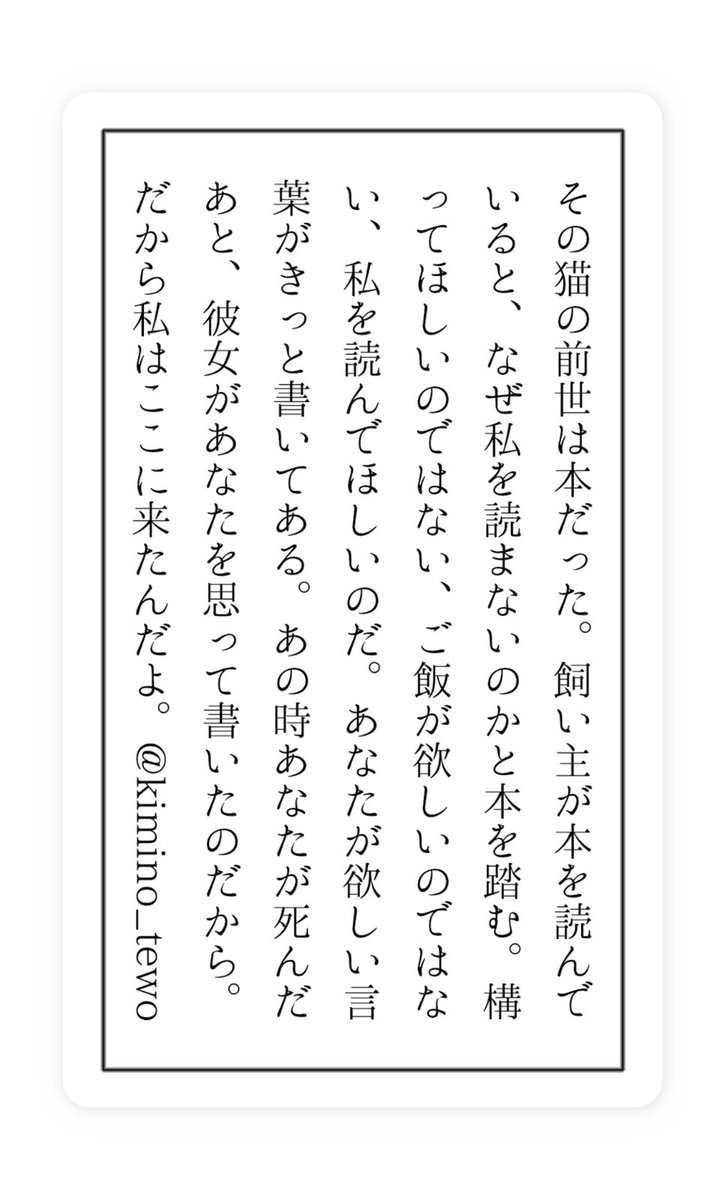 kimino_tewo's tweet photo. 140字小説スマホステッカーを３種作ってみました！📱✨

①その猫の前世は本だった。飼い主が本を読んでいると、なぜ私を読まないのかと本を踏む。構ってほしいのではない、ご飯が欲しいのではない、私を読んでほしいのだ。あなたが欲しい言葉がきっと書いてある。あの時あなたが死んだあと、彼女があなたを思って書いたのだから。だから私はここに来たんだよ。

②彼は月を剥いている。「月は果物でね、皮が光っているのさ」するすると包丁で光る皮を剥いていく。残った中身を白い皿にコロンと置くと、それは溶けて黒い液体になり表面に粒のような星々が煌めくように光っている。「これは月の果汁、夜のスープとも言う」暫く眺めては胸の奥で夜が広がるのを感じた。

③すぐ側に人気のない海が見え、よくその砂浜に今日の気持ちを書いていた。するとある日「今日の調子はどう？」と先に書いてあり面白がって返事を書いた。それから毎日のように砂浜で交換日記のようなやりとりが続いた。でも相手の姿を見ることはなかった。それでいい。生きていた頃を思い出せるだけで。

この３編をスマホステッカーにしています。
ツリーに商品ページを置いておきますのでよろしくお願いいたします！