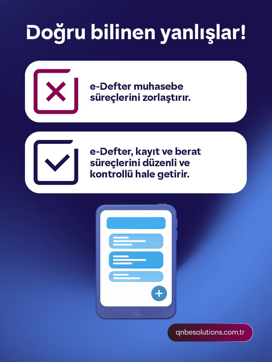 QNBeSolutions's tweet photo. e-Defter süreçleri muhasebe süreçlerini zorlaştırır mı? 

Bu, dijital dönüşümle ilgili en yaygın yanılgılardan biri. Oysa e-Defter; kayıt ve berat süreçlerini daha düzenli, kontrollü ve izlenebilir hale getirerek operasyonel verimliliği artırır. 

QNB eSolutions ile e-Defter işlemlerinizi kolayca takip edebilir, dijital dönüşümün sunduğu avantajlardan yararlanabilirsiniz.

Detaylı bilgi: https://t.co/RTRrYX8GFO