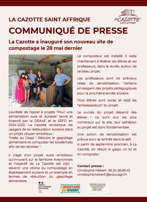 HebertC34's tweet photo. Communiqué de presse : L'établissement agricole La Cazotte de Saint-Affrique dans l'Aveyron (12) a inauguré son site de compostage le 28 mai ! 🌱Projet �� Halte au Gaspi » : moins de gaspillage, plus de compost au sein de la restauration du Lycée. On y croit !
@Agri_Gouv @Occitanie
#HalteAuGaspi #CompostageScolaire #Restaurationcollective