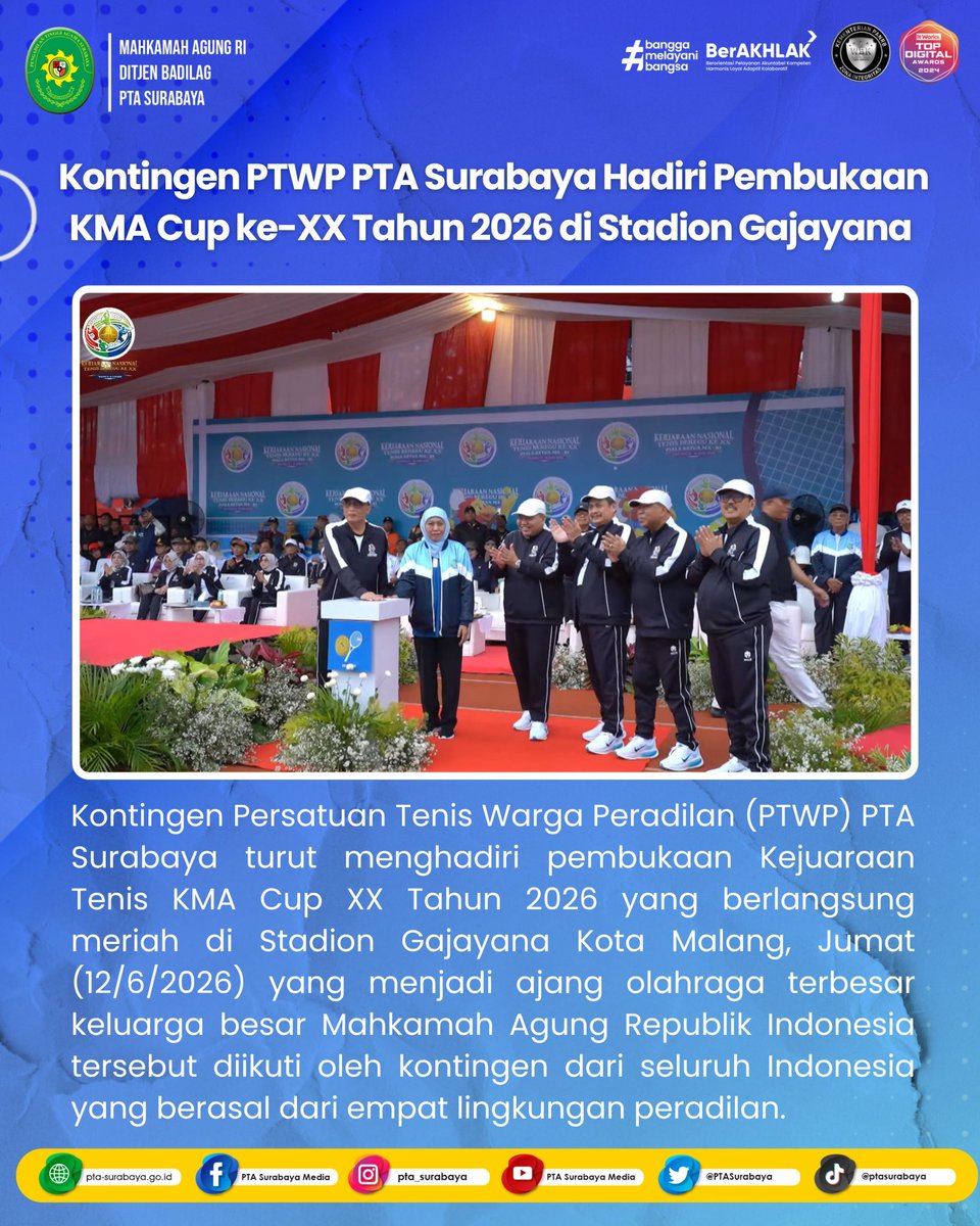 PTASurabaya's tweet photo. Kontingen PTWP PTA Surabaya Hadiri Pembukaan KMA Cup XX Tahun 2026 di Stadion Gajayana Malang

Selengkapnya : https://t.co/VqDDh5c9n3

#ptwp
#kontingenPTASurabaya
#mahkamahagung
#PTASurabaya
#salamolahraga https://t.co/zUhwEqX43x