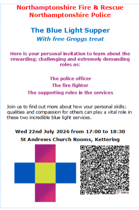 Huxlow's tweet photo. Blue Light Careers Supper on Wednesday the 22nd of July at the St Andrews Church Rooms, 27 Crown Street, Kettering NN16. 5.00-6.30pm.

It’s a drop in and students and parents are welcome. We will be available to chat about a range of careers in Policing  and Fire Service. https://t.co/NugbHrEhzm