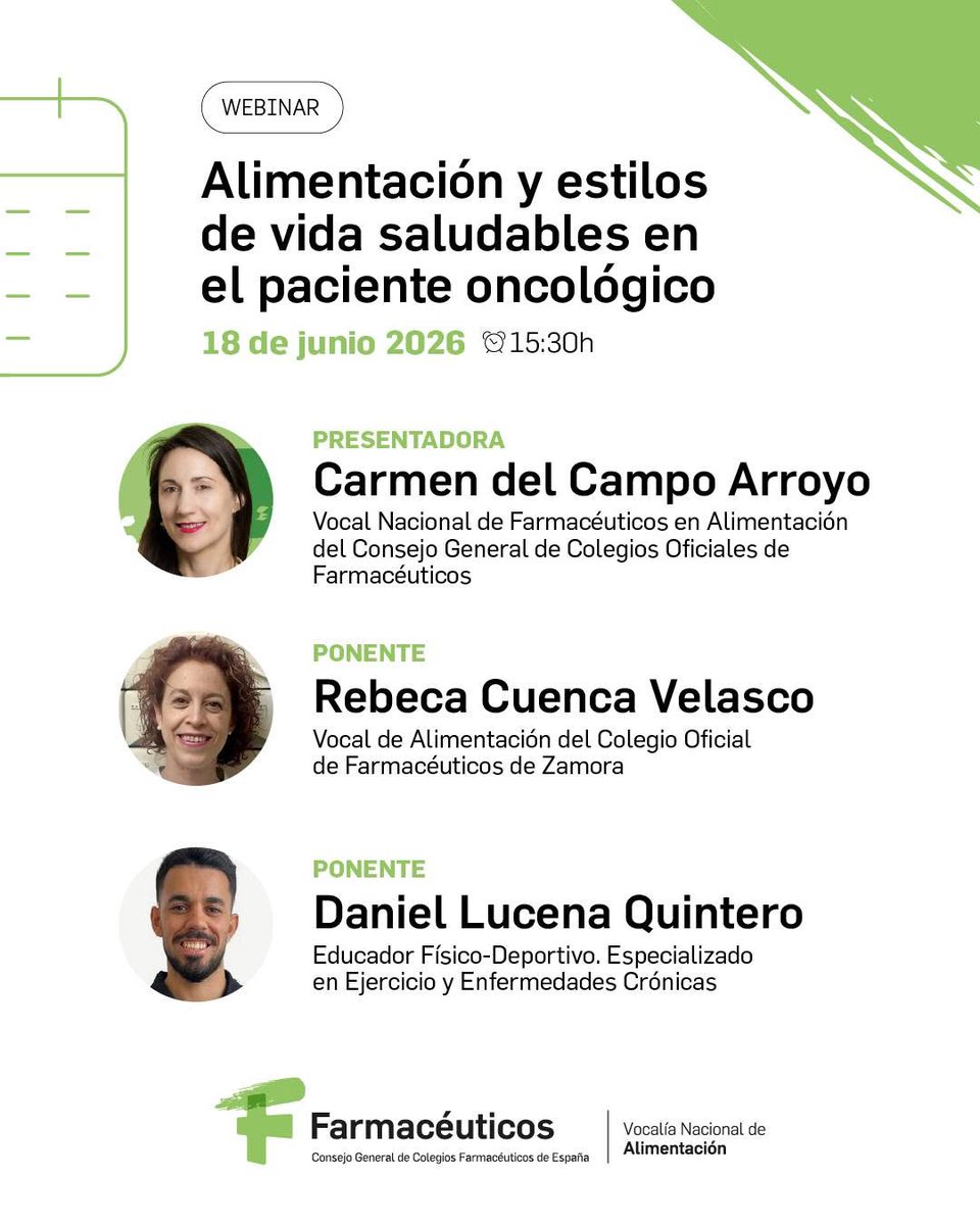cofcam_clm's tweet photo. 🍲 Alimentación y 𝗲𝘀𝘁𝗶𝗹𝗼𝘀 𝗱𝗲 𝘃𝗶𝗱𝗮 𝘀𝗮𝗹𝘂𝗱𝗮𝗯𝗹𝗲𝘀 𝗲𝗻 𝗲𝗹 𝗽𝗮𝗰𝗶𝗲𝗻𝘁𝗲 𝗼𝗻𝗰𝗼𝗹𝗼́𝗴𝗶𝗰𝗼
  
 📆 Fecha: 18 de junio, a las 15.30 horas ⏰

✍️ Inscripción abierta hasta el 18 de junio
👉 ¡No te quedes sin tu plaza! Inscríbete ya :
https://t.co/QNdkElL3wl
#FarmacéuticosFormación