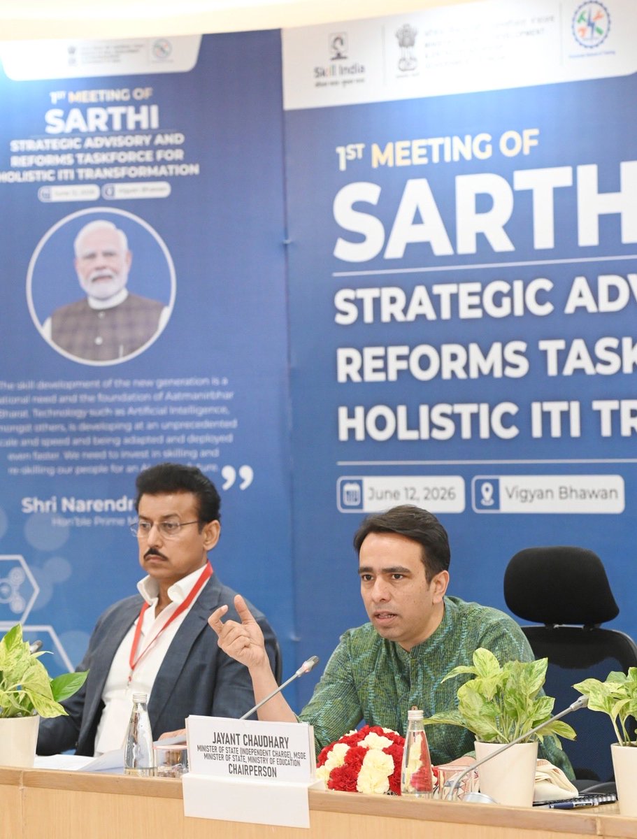 MSDESkillIndia's tweet photo. SARTHI, Strategic Advisory and Reforms Taskforce for Holistic ITI Transformation convened its first meeting at Vigyan Bhavan, New Delhi, chaired by Shri Jayant Chaudhary, MoS (I/C) for Skill Development and Entrepreneurship and MoS for Education, Govt of India.

Discussions focused on strengthening India’s ITI ecosystem through reforms in curriculum, assessment, governance, industry linkages and future-ready vocational training to build an inclusive and industry-aligned skilling ecosystem for #ViksitBharat.

The meeting witnessed participation from @OfficeofRR, Vice Chairperson, Hon’ble Cabinet Minister of Industry & Commerce, IT & Communication, Youth Affairs & Sports, Skills, Employment & Entrepreneurship and Soldier Welfare Dept, Govt of Rajasthan; @VivekVenkatswam, Hon’ble Minister for Labour, Employment, Training, Factories and Mines & Geology, Govt of Telangana; @kunvarjibavalia, Hon’ble Minister for Labour, Skill Development & Employment and Rural Development, Govt of Gujarat; and @KapilDevBjp, Hon’ble MoS (I/C), Vocational Education, Skill Development and Entrepreneurship Dept, Govt of UP.

#SkillIndia #MSDE #SARTHI #SkillingIndia #ITI #FutureReadyWorkforce