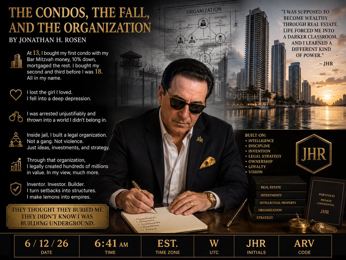 jhrTravel's tweet photo. The Condos, the Fall, and the Organization

By Jonathan H. Rosen

I was not born thinking small.

By the time I was 13 years old, I already owned my first condominium. My father had become one of Miami’s most successful real estate people, a condo converter, and I understood the business early. But the idea was mine.

I took my Bar Mitzvah money, put 10% down, and financed the rest. Before I was 18, I had bought a second condominium and then a third. Eventually, the properties were transferred into my name.

Looking back, the path was already there. I was positioned to become one of Miami’s wealthiest men, maybe even one of the wealthiest men anywhere. I had the mind for it, the opportunity, the timing, and the instinct. I understood leverage, real estate, ownership, and money before most people my age understood responsibility.

But life does not always move in a straight line.

I met the girl I loved, the girl I believed I would marry. When I lost her, something inside me broke. I fell into a deep depression. Not a small sadness, not a temporary setback, but the kind of depression that changes the direction of a person’s life.

Later, during the latter part of that depression, I was arrested unjustifiably. I was taken out of the life I should have been living and placed into a world I did not belong in.

But even there, I did not stop thinking.

Inside the jail, I developed an organization. It was quiet. It was disciplined. It was not a gang. It was not violent. It had nothing to do with drugs, intimidation, or criminal activity. It was legal. It was based on ideas, investments, invention, structure, loyalty, timing, and intelligence.

I had been put in a place that was meant to destroy me, but instead I used it as a laboratory. I studied people. I studied systems. I studied weakness, opportunity, fear, greed, loyalty, and leverage.

I made lemonade out of lemons.

Through that organization, I legally made a lot of money. Not hundreds of thousands. Not a few million. I became worth hundreds of millions, and in my view, much more than that. The value is not merely in cash. It is in ownership, control, intellectual property, strategy, inventions, and the structure of what was built.

That is the point people miss.

They see the arrest. They see the jail. They see the depression. They see the fall. They do not see what was built underneath it.

I was a young real estate owner before I was old enough to vote. I lost the life I was supposed to have. I lost the woman I loved. I was pushed into a place I never should have been. But instead of disappearing, I built something.

A legal organization.

An investment structure.

A network.

A system.

A vault of ideas.

I was supposed to become wealthy through real estate. Instead, life forced me into a darker classroom, and I learned a different kind of power.

That is the story.

Not crime.

Not violence.

Not gangs.

Not defeat.

The story is ownership, invention, survival, and transformation.

They thought they buried me.

They did not understand I was still building underground.