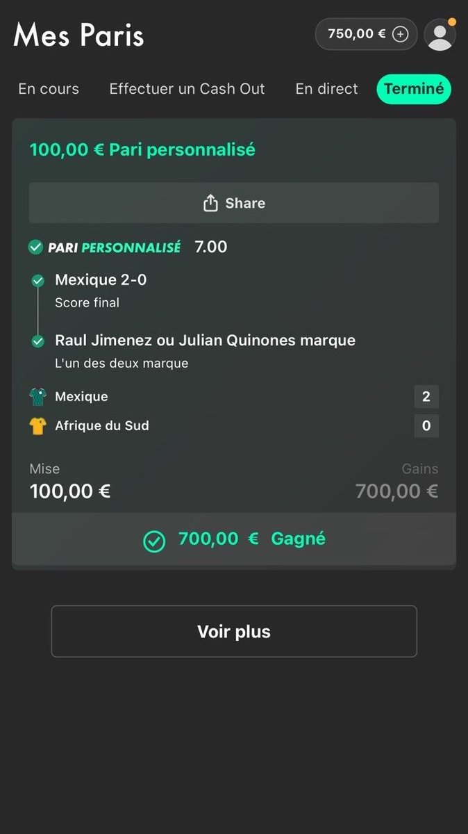 Only__Bet's tweet photo. 🇲🇽Mexique 2-0 score exact. Cote 7.00. Mise 100€.
700€ encaissés. 🔥
C’est ça @Only__bet. Les gros coups, on les joue.
📲 Abonne-toi pour ne pas rater les bon bets.
#Bet365 #Pronostics #OnlyBet #CoupeDuMonde https://t.co/gFntGh2zxx
