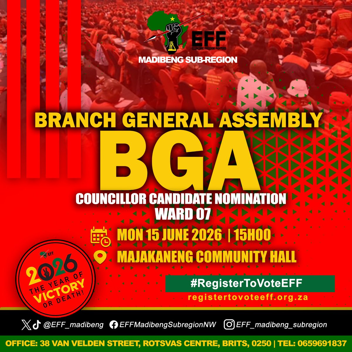 eff_madibeng's tweet photo. ♦️Do not Miss♦️

Ward 07 will be electing Councillor candidate for local governance that will take place on the 04th November 2026. #RegisterToVoteEFF #EFFisMyHome #voteEFF #YearOfVictoryOrDeath #EFFinMadibeng https://t.co/pjKEskRzdi