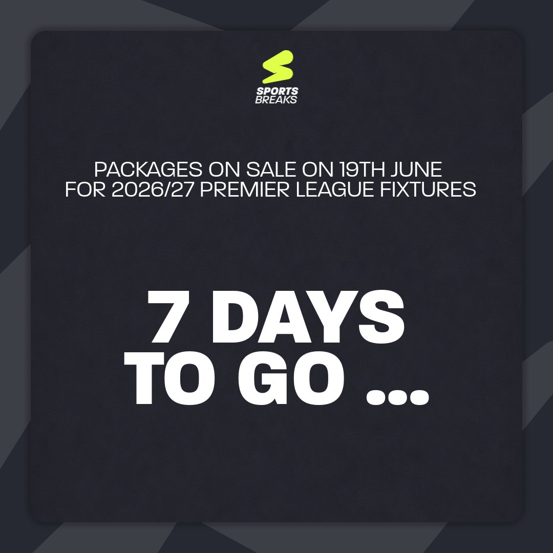 sportsbreakscom's tweet photo. Just ONE WEEK to go until we're on sale with packages for the 2026/27 Premier League season and we can't WAIT 🔥 

Watch this space - https://t.co/CfvnrS16R1 

#premierleague #sports #football https://t.co/HNJgy4jJRI