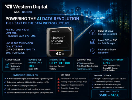 MichaelHayes52's tweet photo. $WDC: Macro Context: The explosive growth of AI data is driving storage demand. As the core of hyperscale cloud and AI infrastructure (accounting for over 80% of cloud storage), HDDs provide low-cost, high-capacity persistent storage. AI training, inference, and generative data require persistent storage, and HDDs are far superior to SSDs in terms of TCO (Total Cost of Ownership). Global data volume is projected to triple from 2023 to 2028, with nearline HDD shipments growing at a CAGR of over 20%. The semiconductor and storage sectors are driven by AI capital expenditures and geopolitical supply chain dynamics (though current supply tightness is supportive of pricing). 
3-Month Outlook: Computex 2026 Showcase (June): Emphasizing that “AI is not just about computing, but also about data systems,” the company will launch high-bandwidth HDDs, Dual Pivot technology (4x throughput improvement), and a new AI storage platform.
Q4 FY2026 Earnings Report (late July): Strong outlook driven by AI demand and full production capacity.
Mass production of 40TB UltraSMR HDDs (to begin in H2 2026); progress on HAMR technology customer validation.
Supply Tightness: Full-year 2026 HDD capacity is sold out; long-term orders from multiple customers are locked in for 2027–2028, enhancing pricing power.

HDD Leadership: A leading global nearline HDD supplier (dual oligopoly with Seagate), focused on high-capacity (OptiNAND, ePMR, HelioSeal, UltraSMR) and high-reliability technologies.
Technology Roadmap: Dual-path (ePMR + HAMR) to 100TB+, with 40TB products currently in validation; high-bandwidth/performance-optimized HDDs address AI throughput pain points.
Customer Loyalty: Over 90% of revenue comes from AI/cloud data centers; multi-year long-term contracts with hyperscalers ensure high visibility.
Successful Transformation: Transitioned from consumer/hybrid to a pure-play data center infrastructure provider; gross margin has significantly improved (46%+); strong cash flow supports share buybacks and dividends.

Short-term (3 months): $580–$650
#NVDA #AIStocks #WDC #MemoryStocks #SPX #Tesla #Tariffs