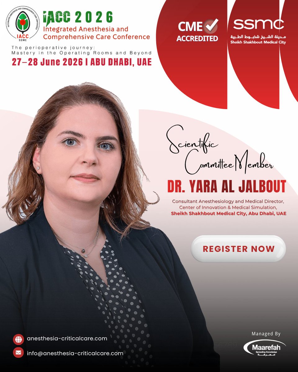 AnesthesiaProfs's tweet photo. ⏳ IACC 2026 Countdown! Meet our Scientific Committee Member , Dr. Yara Al Jalbout. Don't miss this leading Anesthesia &amp; Critical Care event!

Register Now: https://t.co/PpOm261eCt
🌐 https://t.co/2LUe70j2A3

#IACC2026 #Anesthesia #CriticalCare #HealthcareConference https://t.co/ywsaLSaYFa