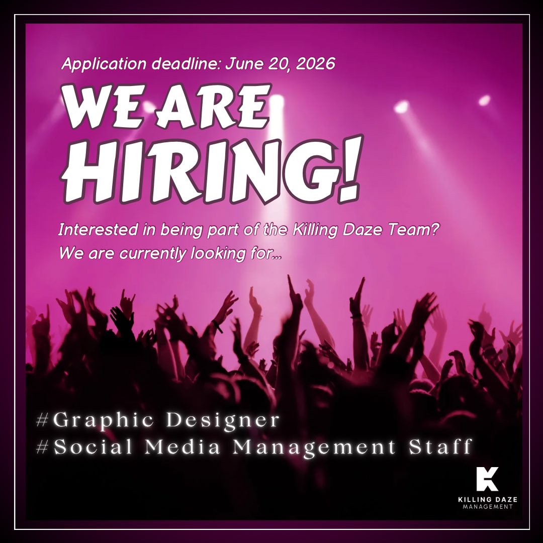 killingdazemgmt's tweet photo. 🚨Killing Daze Management is officially hiring!🚨

Do you want to be part of our team? 
If you’re 18+ and are a fluent English speaker, this is the time! 

‼️Positions open:
- Graphic Designer
- ⁠Social Media Management Staff

Read carefully our instructions and requirements and be truthful with your application!

https://t.co/U90AXRgJrs

We’re excited to open our team to new passionate and reliable members!