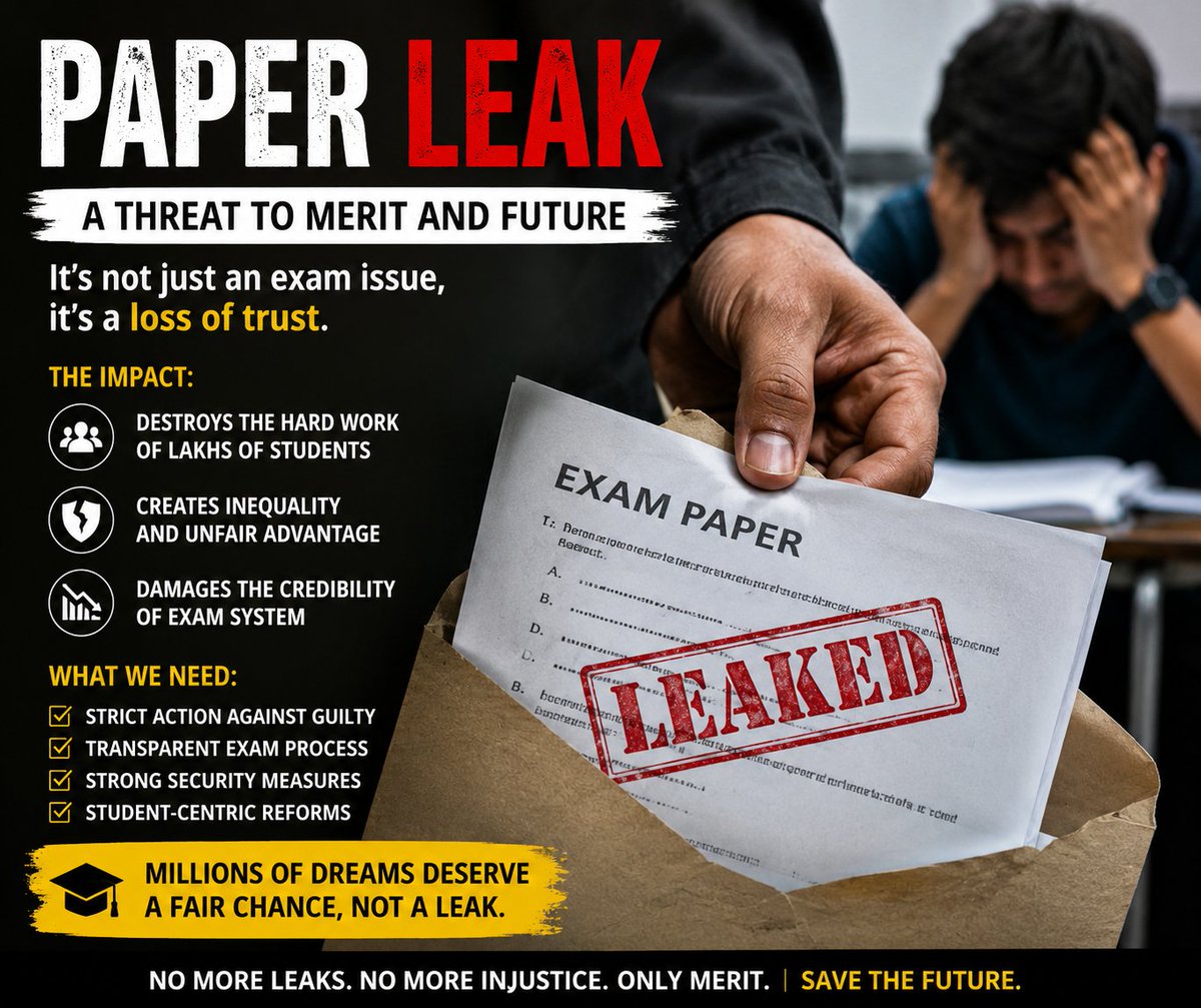 ursashish1997's tweet photo. A paper leak is not just an exam issue-it's a loss of trust.
Millions of students work hard for their future, and they deserve a fair and transparent examination system.
Merit should decide success, not unfair advantages.
#PaperLeak #Education #ExamReform #Fairness #India https://t.co/tT3BthJNZq
