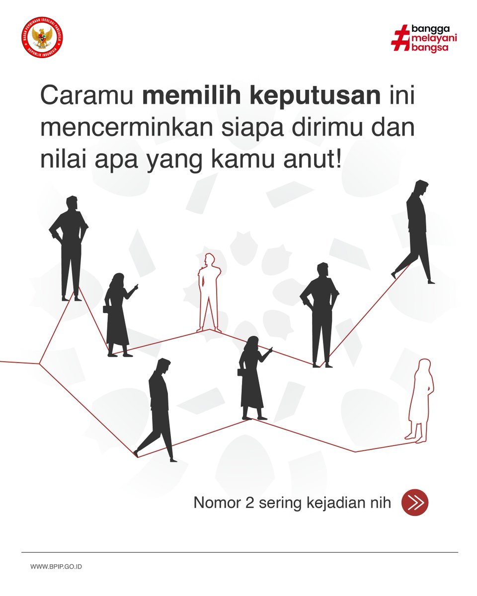 BPIPRI's tweet photo. #SalamPancasila

Pancasila hadir dalam pilihan sehari-hari: saat tak ada yang mengawasi, saat berbeda pendapat, atau saat kepentingan pribadi dan bersama bertemu.

Kalau ada di situasi itu, keputusan apa yang kamu ambil?

#BPIP #SobatPancasila #PancasilaHariIni (1/2) https://t.co/x1x8vKNtxQ