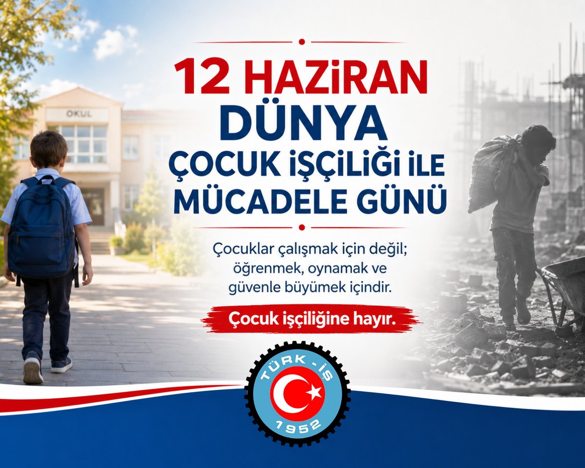 turkiskonf's tweet photo. DÜNYA ÇOCUK İŞÇİLİĞİ İLE MÜCADELE GÜNÜ

12 Haziran, Birleşmiş Milletler ve Uluslararası Çalışma Örgütü (ILO) tarafından, çocuk işçiliğine karşı küresel farkındalık oluşturmak ve bu insanlık dışı durumu ortadan kaldırmak amacıyla ilan edilmiş önemli bir gündür.

TÜRK-İŞ olarak; çocukların emek sömürüsüne karşı korunmasını ve çocuk işçiliğinin her türünün ortadan kaldırılmasını bir insanlık görevi olarak görüyor, çocukların insanca yaşam, eğitim, oyun ve gelişim haklarını kararlılıkla savunuyoruz.

Güncel ILO-UNICEF verileri, dünya genelinde hâlâ yüz milyonlarca çocuğun çalıştırıldığını, önemli bir bölümünün ise sağlıklarını, güvenliklerini ve gelişimlerini tehdit eden tehlikeli işlerde yer aldığını ortaya koymaktadır. Bu tablo; yalnızca ekonomik bir sorun değil, aynı zamanda derin bir sosyal adalet ve insan hakları ihlalidir. Her bir veri, eğitim hakkından koparılmış ve geleceği elinden alınmış bir çocuğa işaret etmektedir.

Ülkemizde de yoksulluk, gelir adaletsizliği, işsizlik, göç ve eğitimde fırsat eşitsizliği gibi nedenlerle birçok çocuk, okul sıralarında olması gerekirken çalışma hayatına itilmekte ve eğitim hakkından uzaklaşmaktadır. Daha da ağır tablolar ise savaş ve çatışma bölgelerinde yaşanmaktadır. Özellikle Filistin’de çocuklar; yalnızca eğitim ve oyun haklarından değil, en temel hak olan yaşam hakkından dahi mahrum bırakılmaktadır. Benzer acılar, dünyanın pek çok bölgesinde çocukların omuzlarına yüklenmeye devam etmektedir.

Çocuk işçiliği ile mücadele; yalnızca ahlaki bir yükümlülük değil, sürdürülebilir kalkınmanın ve adil bir toplumun inşasının da temel şartıdır. Bu kapsamda, başta ILO’nun 138 sayılı Asgari Yaş Sözleşmesi ile 182 sayılı En Kötü Biçimlerdeki Çocuk İşçiliğinin Yasaklanması Sözleşmesi olmak üzere uluslararası standartlara tam uyum sağlanmalı ve bu düzenlemeler sahada etkin biçimde uygulanmalıdır.

TÜRK-İŞ olarak çağrımız nettir:

Tüm politikalar çocukların üstün yararı esas alınarak oluşturulmalı; denetim mekanizmaları güçlendirilmeli; her çocuğun ücretsiz, nitelikli ve erişilebilir eğitime ulaşması sağlanmalıdır. Aileler ise yoksullukla değil, güvenceli ve insana yakışır işlerle desteklenmelidir.

Unutulmamalıdır ki çocuk işçiliğiyle mücadele; siyasi irade, sendikal örgütlülük, güçlü sosyal koruma politikaları ve uluslararası dayanışmanın ortak çabasıyla başarıya ulaşacaktır. Kaybedilen her an, daha fazla çocuğun geleceğinin kararması anlamına gelmektedir.

Bu nedenle zaman kaybına tahammül yoktur.

TÜRK-İŞ olarak, bu anlamlı gün vesilesiyle çocuk işçiliğine karşı mücadelemizi kararlılıkla sürdüreceğimizi bir kez daha vurguluyor; çocukların çalıştırılmadığı, haklarının güvence altına alındığı, barış ve eşitlik içinde büyüyebildikleri bir dünya çağrımızı yineliyoruz.