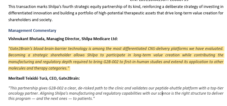 surendrareddyca's tweet photo. #ShilpaMedicare
Shilpa Medicare

New acquisition of Gate2Brains, developing peptide-based delivery systems that transport therapeutics across the blood-brain barrier for the treatment of central nervous system diseases.