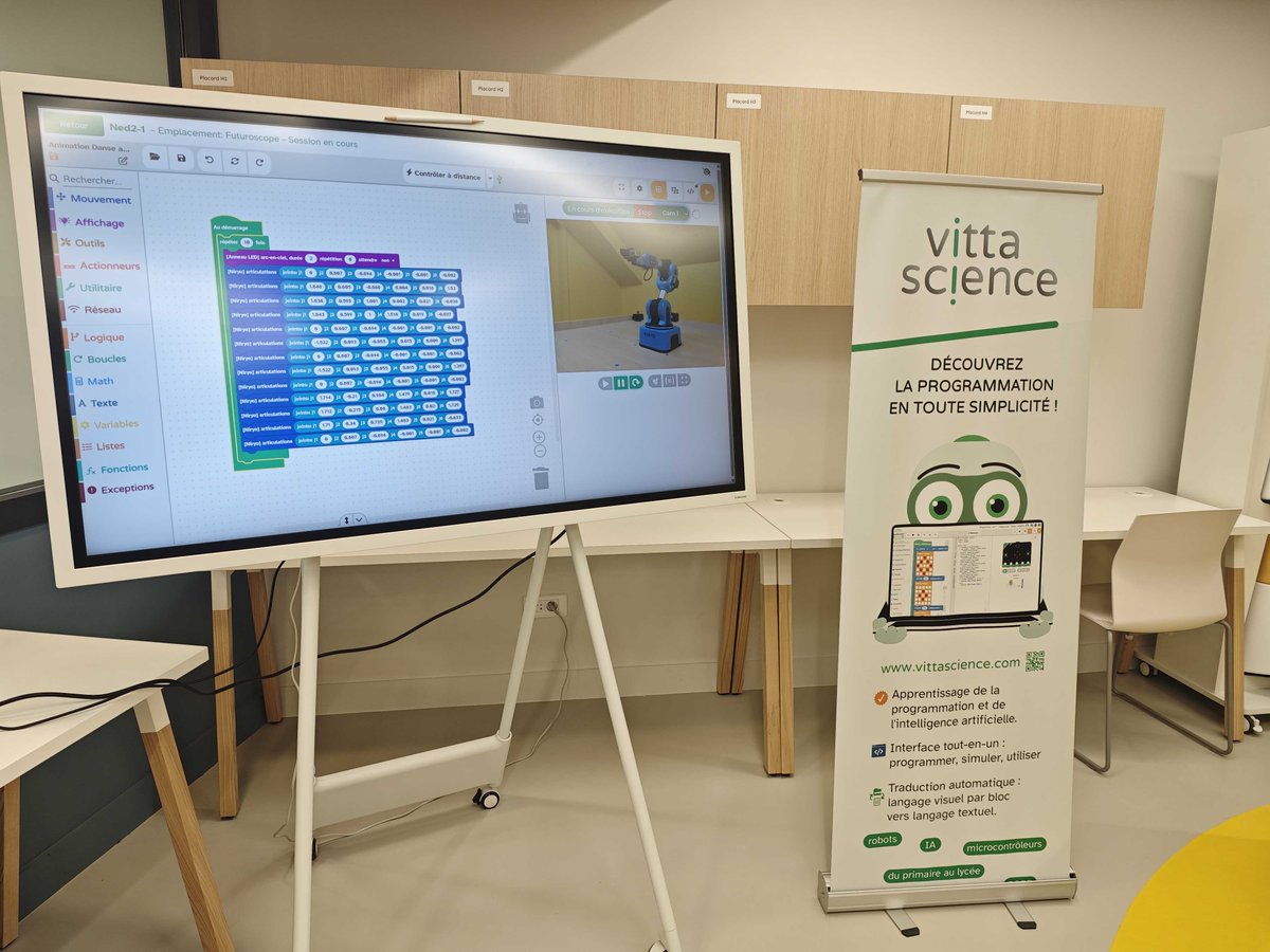 Vittascience's tweet photo. 🚀 Vittascience était présente ce jeudi 11 juin à l’inauguration du @campus_numeria au @futuroscope !

À cette occasion, nous sommes au lab robotique pour faire des démonstrations pédagogiques, notamment le bras robotique éducatif @NiryoRobotics, qui permet d’explorer concrètement la programmation, la robotique et l’automatisation.

Via la plateforme développée dans le cadre du Campus Numeria, le robot peut être programmé à distance (depuis n’importe où dans le monde !) pour rendre la robotique encore plus accessible.

C'est à tester ici 👉 https://t.co/dli5b3ZwCm

Merci aux équipes de Campus Numeria pour leur accueil lors de cette inauguration !
