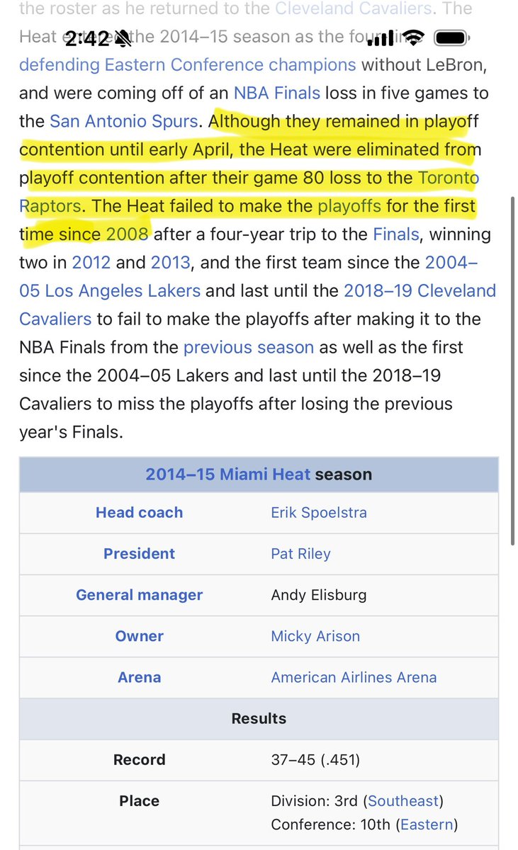 ScotEmcFly's tweet photo. @Thechat101 Miami didn’t make the playoffs 14-15 but did 15-16. https://t.co/F5I9TbSOLr
