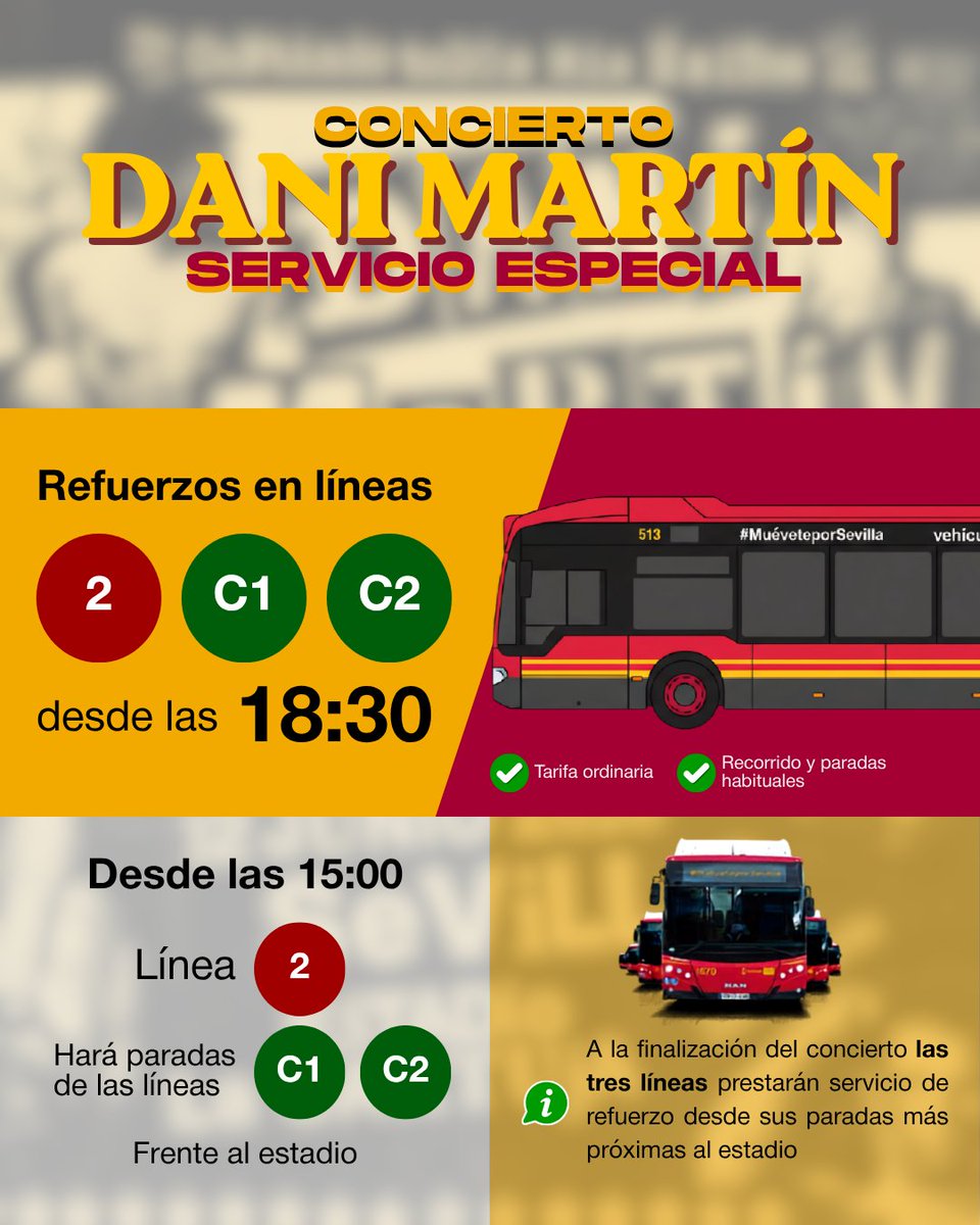 tussamoficial's tweet photo. 🎤🚌 #ServicioEspecialTUSSAM por el concierto de @_danielmartin_

📅 Viernes 12 de junio

✅ Refuerzo de las líneas 2, C1 y C2 desde las 18:30 h (tarifa ordinaria y recorridos habituales).

📍 Desde las 15:00 h, la línea 2 realizará las paradas de las líneas C1 y C2 frente al Estadio de la Cartuja en ambos sentidos.

🔄 Al finalizar el concierto habrá servicio de refuerzo para facilitar la salida de viajeros.

#Sevilla #LaCartuja #TUSSAM