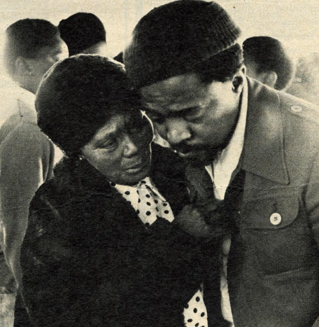 HistorySAZAR's tweet photo. The ecstasy of a mother: Sophie Gwangwa sees her exiled talented trombonist son, Jonas Gwangwa, in Botswana after 15 years. Source: Drum Archives, Drum Magazine, August 1976 https://t.co/873tssP1TU