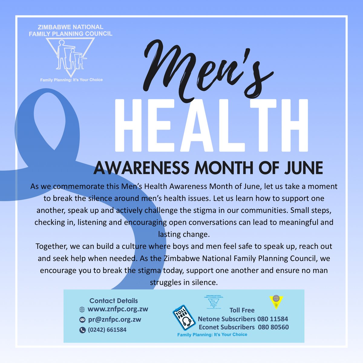 ZNFPCOfficial's tweet photo. In this Men’s Health Awareness Month, let us break the silence around men’s health issues. Support one another, speak up and actively challenge stigma in our communities. Small steps, checking in, listening and encouraging open conversations leads to meaningful and lasting change https://t.co/1AkkJAVG6X