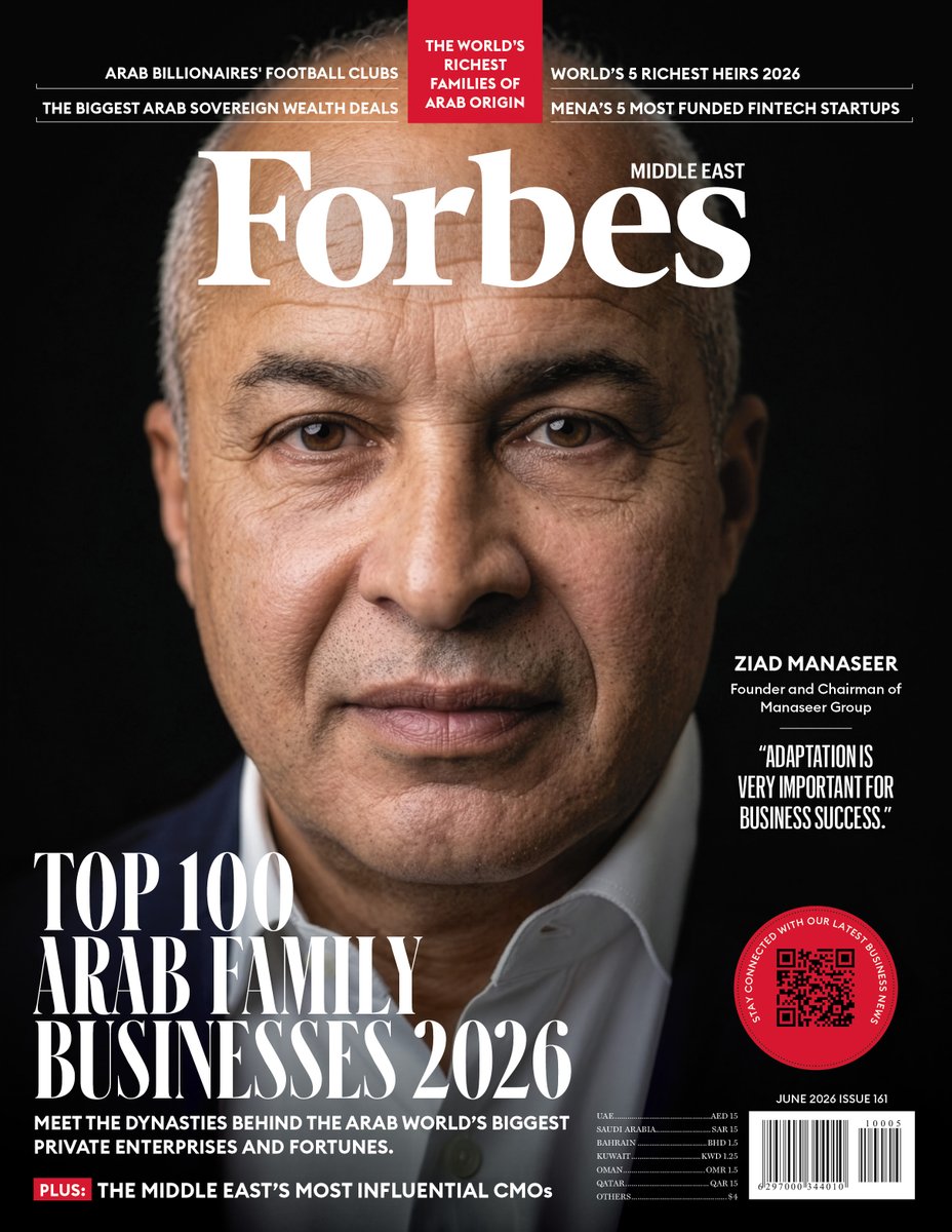 Forbes_MENA_'s tweet photo. The June 2026 issue is here. Featuring the Middle East's Most Influential CMOs, the Top 100 Arab Family Businesses 2026, exclusive interviews, billionaire rankings, investment insights, and more.

For more details:
https://t.co/2yeBVx7zLH https://t.co/h6dnoGVnCB