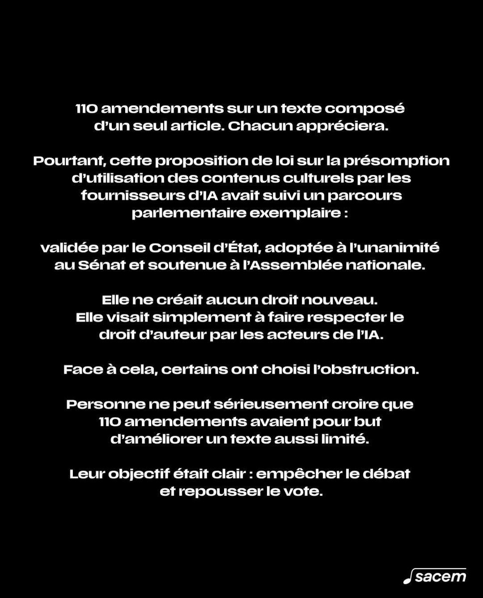 L_Lafon's tweet photo. Je partage la réaction de la @sacem face à l’obstruction faite par certains à  l’@AssembleeNat sur le texte IA et création. L’IA n’échappera pas à ce ce débat indispensable sur le respect des droits d’auteurs. Elle en ressortirait même renforcée à reconnaître que l’innovation technologique respecte la création artistique. Le combat n’est pas fini. @LDarcos @AgnesEvren @OuzouliasP @alexbensamoun