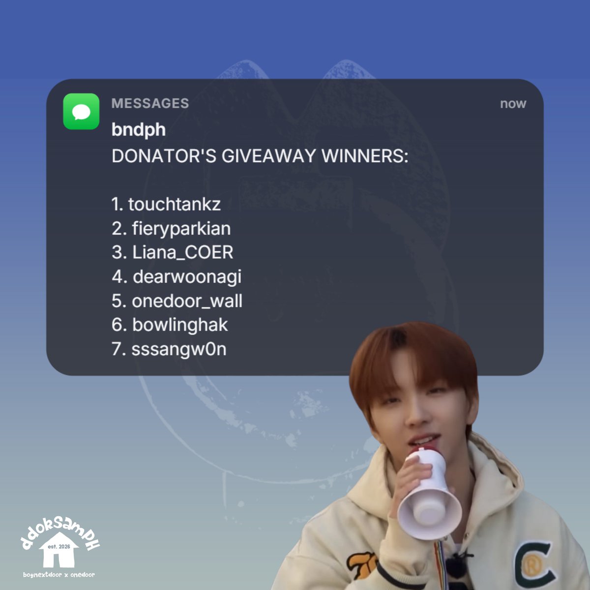 ddoksamPH's tweet photo. PH Onedoors, Woonhak has another announcement!  

Congratulations to @touchtankz, @fieryparkian, @Liana_COER, @dearwoonagi, @onedoor_wall, @bowlinghak, and @sssangw0n!

Kindly slide in our DMs for instructions on how to claim your prize.

Thank you Onedoors for donating! 💙🩵 https://t.co/nSNE4G8lhN