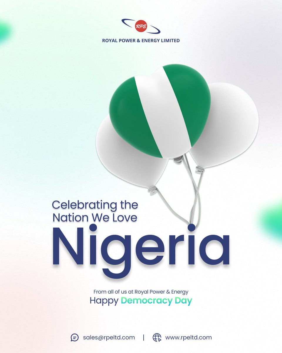 rpeltd_'s tweet photo. 🇳🇬 Celebrating the Nation We Love. Nigeria.

Today, we celebrate the resilience, strength, and spirit that continue to shape our nation. 

Happy Democracy Day
💙From all of us at Royal Power &amp; Energy

#DemocracyDay #Nigeria #RPE #RoyalPower https://t.co/JWXCuKJQXP