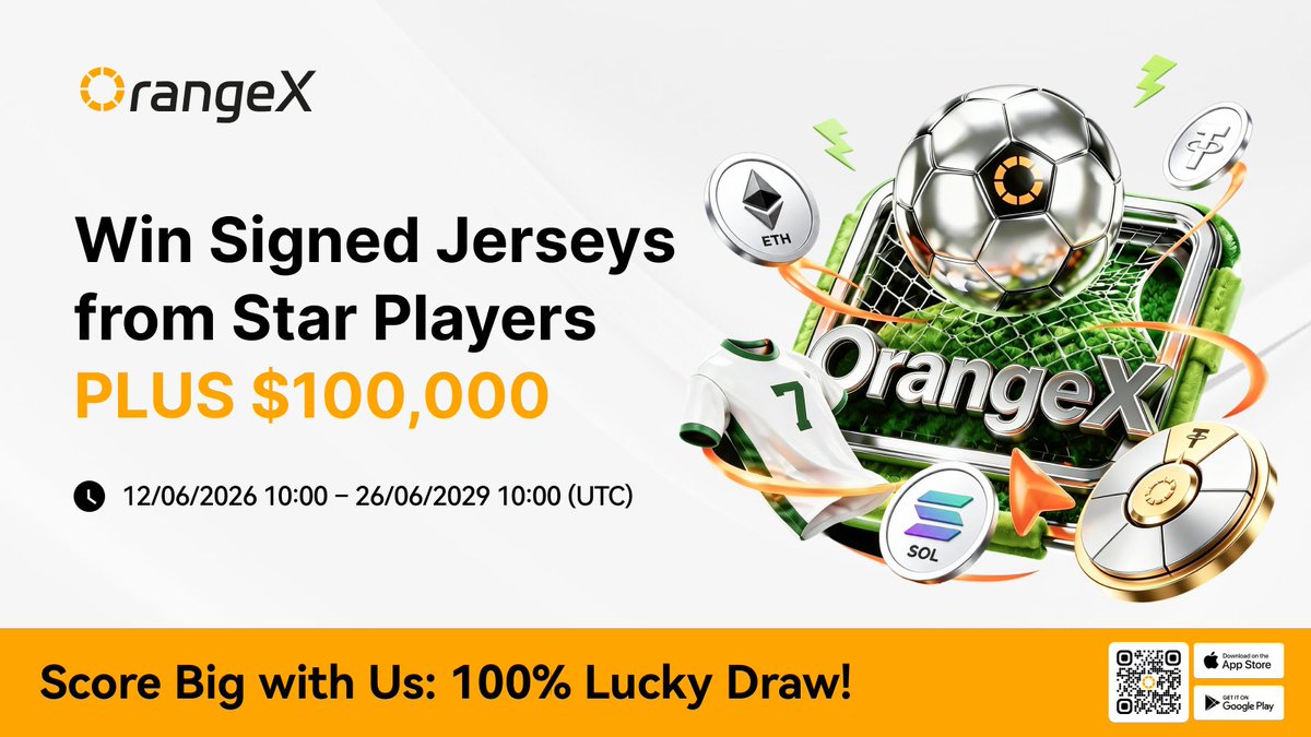 OrangeXExchange's tweet photo. Score Big with OrangeX is now live! Come and win a massive $100,000 pool PLUS Signed Jerseys from Star Players campaign now!⚽️ 

⏰ Event Duration
12/06/2026 10:00 – 26/06/2029 10:00 (UTC)

📝How to participate:
1. Simply click the link below for the event to get started.
2. Complete at least one eligible task.
3. Get tickets for Lucky Roulette.
4. Bonuses will be automatically distributed based on draw result and task completion.

✅Activity 1: Daily check-in Trading Task 
✅Activity 2: Invite friends to win together!
✅Activity 3: Perpetual Trading Volume Challenge

The more tickets you earn, the more prizes you win!

For more details, please visit: https://t.co/tbc7fDfv5A

GOGOGO! 🍊