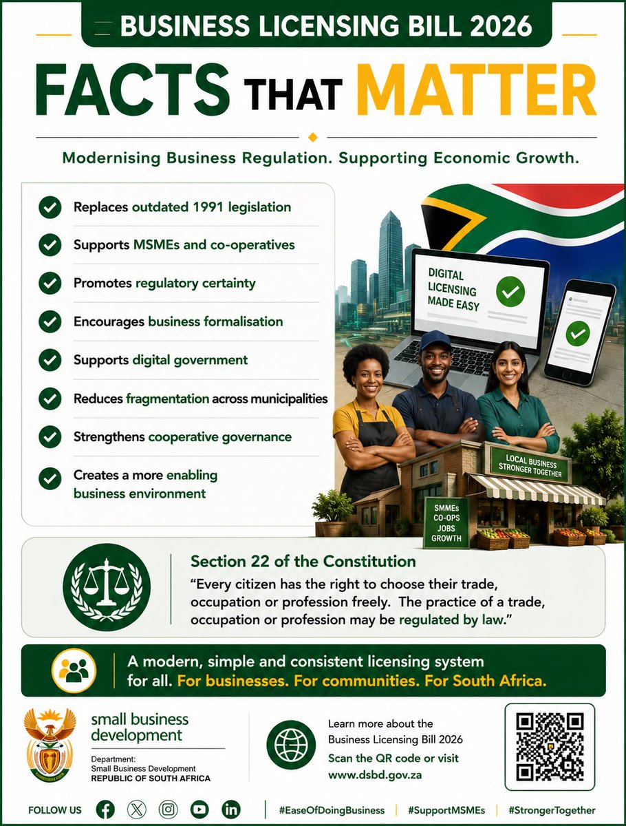 GovernmentZA's tweet photo. FACTS that MATTER on the Business Licensing Bill 2026 #RSAAtWork #GovZAUpdates https://t.co/h7HVo35AO4