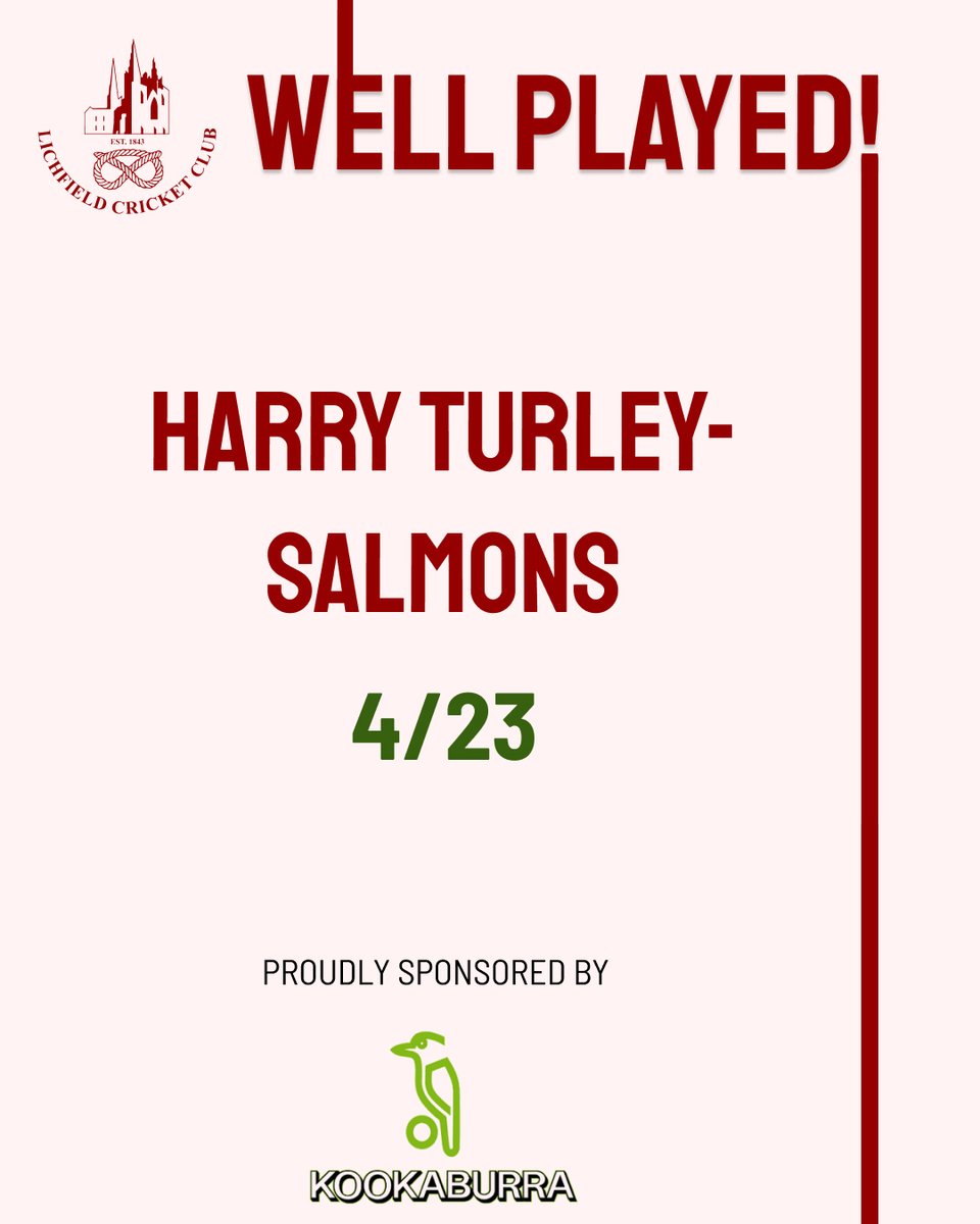 LichfieldCC's tweet photo. 🔴 WELL PLAYED, HARRY! 🌟

Harry Turley-Salmons takes 4/23 for Shropshire Under 18s vs Staffordshire U18s on representative duty 🏏 (sponsored by Kookaburra)

Proud of you, Harry! 👏

#LichfieldCricketClub #WellPlayed #CricketTwitter https://t.co/eiP6o2wbX4