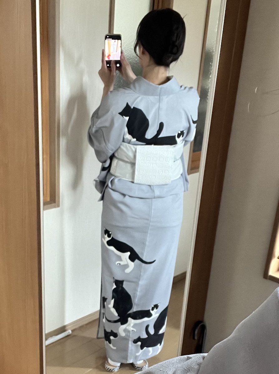 ooopinkspideroo's tweet photo. 背中の帯の上でお昼寝してるみたいな猫ちゃんづくしの夏着物の時期が来ました🐈👘

居内商店さんのかわいいお着物たまらんね https://t.co/fkrJuZxAoB