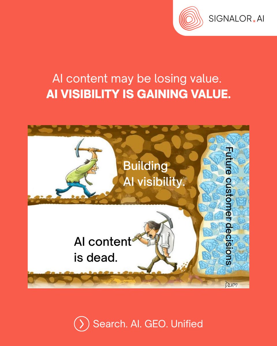 SignalorAI's tweet photo. AI Content is officially dead. 
But AI Visibility? That’s the new gold rush. 

While everyone’s still pumping out content, the smart ones are building discoverability that actually reaches future customers.  
The mine is shifting. 

Are you digging in the right direction?  
Search. AI. GEO. Unified.  

#AIVisibility #AISearch #SignalorAI