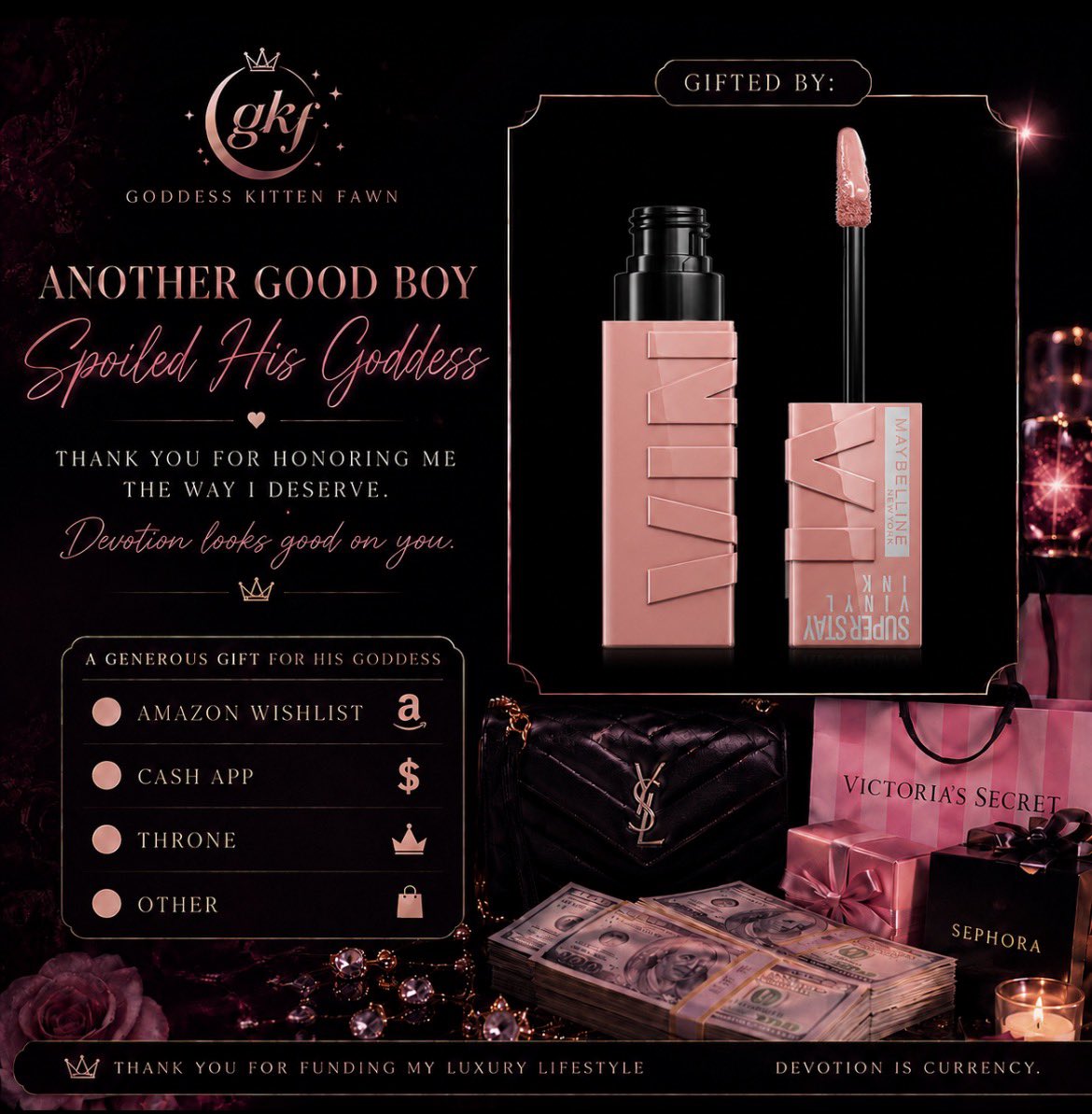GoddessKittenF's tweet photo. Look what arrived for Goddess. 💕👑

You know what’s attractive?

Effort.
Consistency.
Generosity.

A good boy sees something I want and handles it.

No begging.
No excuses.
Just devotion. ✨

#paypig #SpoiledPrincess #findom #GoodBoysSend #ThroneWishlist https://t.co/yNY4TnTbTx