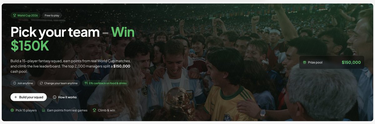 Legit_Airdrops0's tweet photo. ⚽️ $150,000 World Cup Fantasy Competition is LIVE on Hyperbeat

💰 Prize Pool: $150,000
🚫 Cost to Enter: FREE

Build your ultimate 15-player squad with a $100M budget and compete against other managers for a share of the rewards.

🔗 Join here:
https://t.co/6nyazkQQpM

How to participate:

✅ Sign up on Hyperbeat
✅ Go to the World Cup tab
✅ Build your 15-player squad within the $100M budget
✅ Enter the Arena and compete

🔥 Bonus Boosts:
• Get up to 20% score boost using Hyperbeat cards
• Additional boosts available for trading on the platform

With $0 entry cost and a massive $150K reward pool, it's worth taking a shot before the tournament kicks off.

#Airdrop #Worldcup